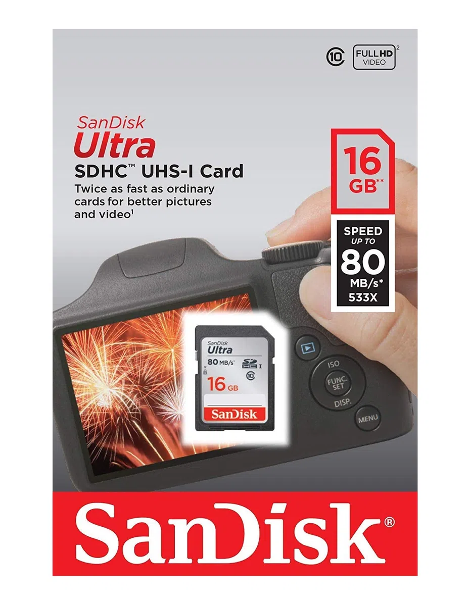 Carte Mémoire SDHC 16 Go SanDisk Ultra jusqu'à 80 Mo/s, Classe 10