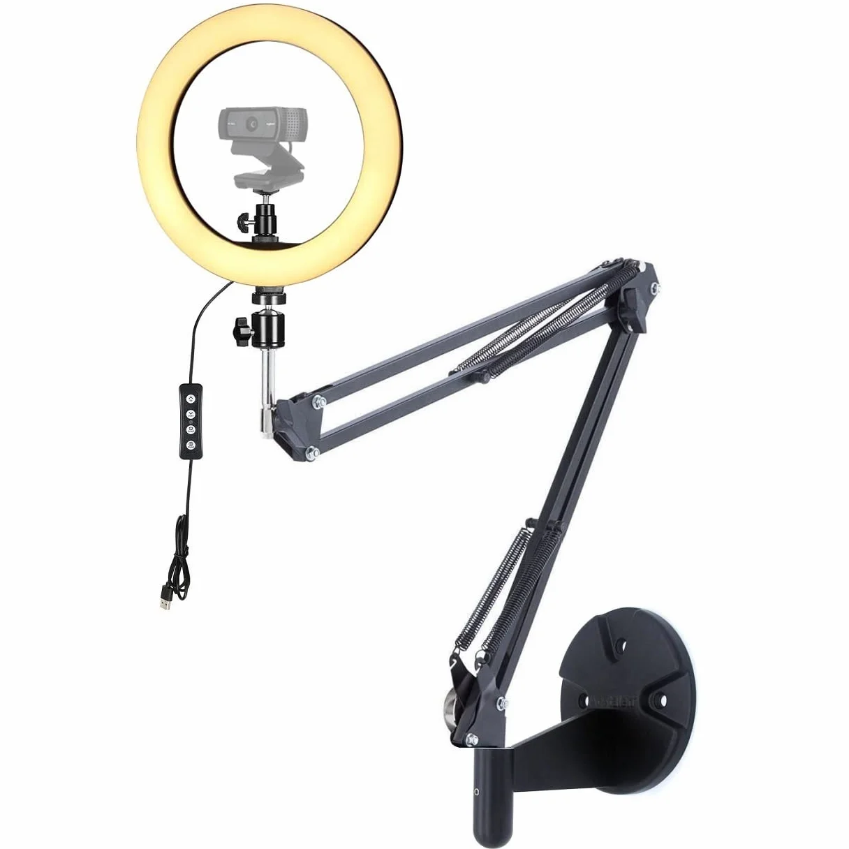 Support mural pour webcam avec anneau lumineux de 26 cm compatible avec les webcams Logitech C920s StreamCam C922x C930 C925e Brio C615 (charge maximale 0,5 kg, longueur maximale extensible 83 cm)