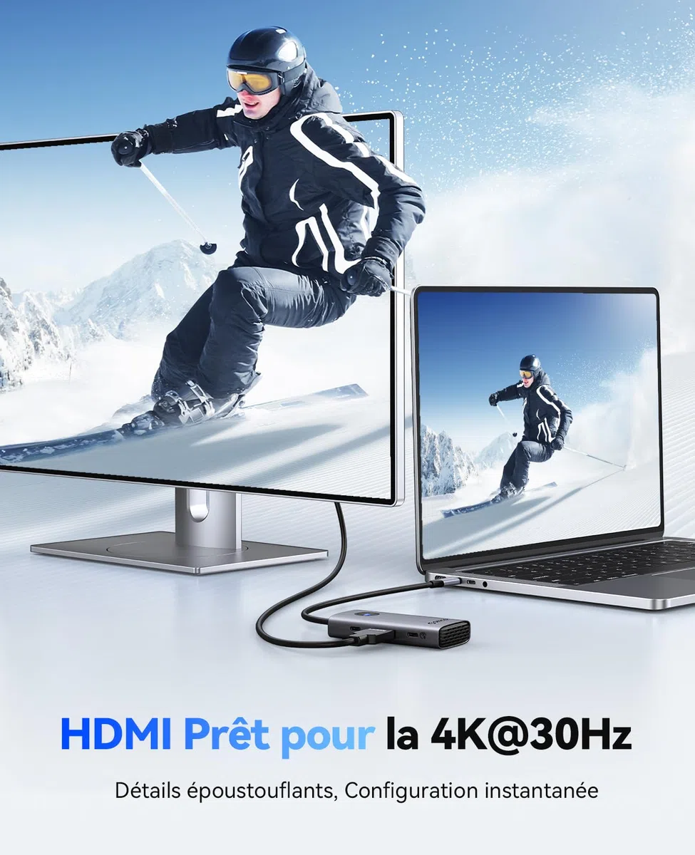 ORICO Station d'accueil, 6 en 1 Hub USB C avec HDMI 4K@30Hz, PD 100 W, 4 Ports USB 5Gbps, Adaptateur USB C vers USB 3.0 Compatible avec MacBook Pro Air XPS HP