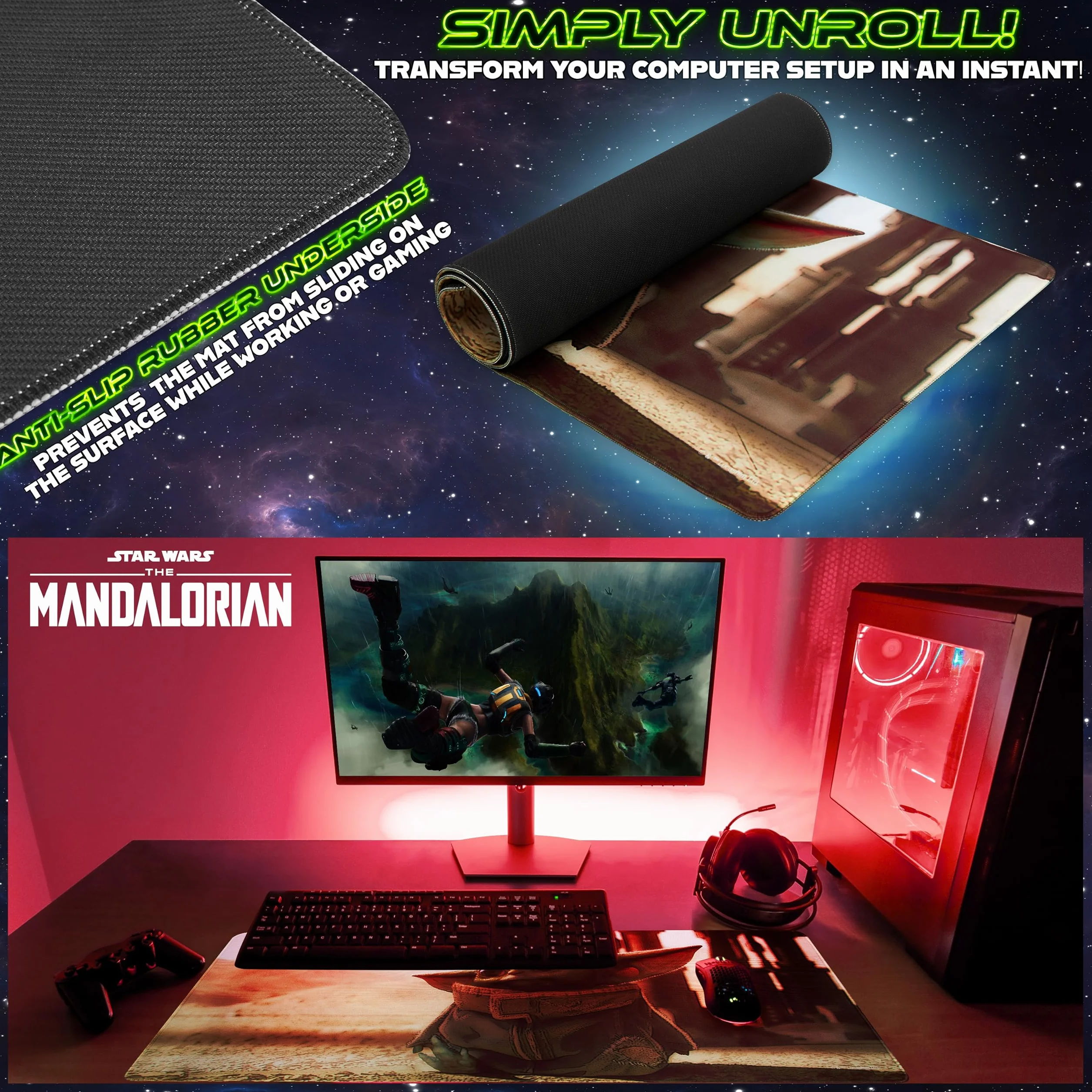 Disney Tapis de Souris XL Dessous de Bureau Mouse Pad Format 80x36 cm Accessoire de Bureau Lilo et Stitch Mandalorian (Multicolore Mandalorian)