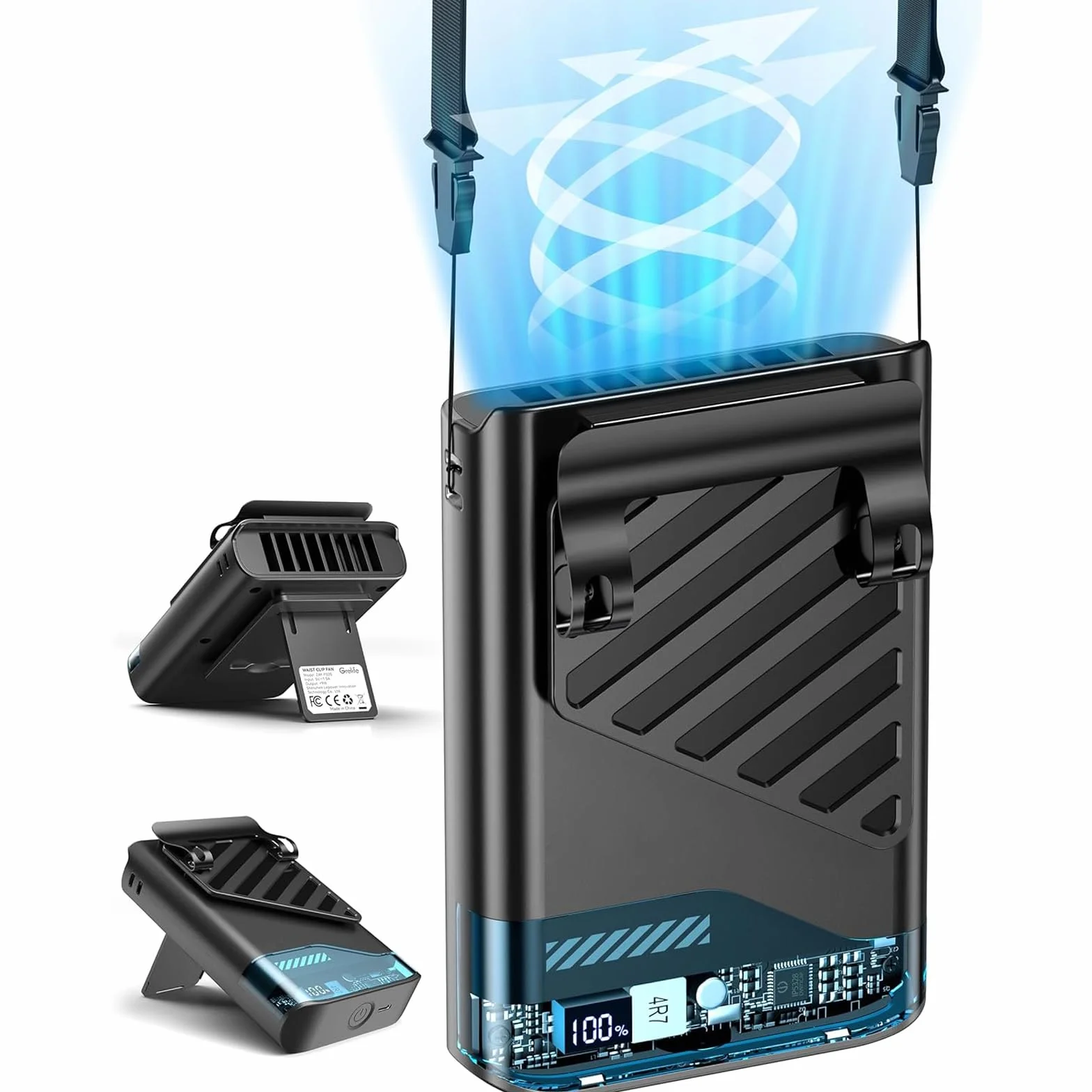 Gemmac Ventilateur Portable Rechargeable, LED Display Ventilateur Cou/Main/Bureau/Ceinture 5 Vitesses Mini Powerbank Fan Pince Silencieux Clip Hand Fan USB Chantier, Camping, Extérieur