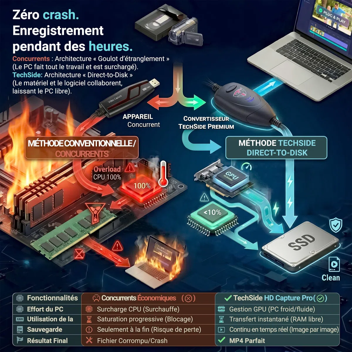 TechSide Video Capture 2026: convertisseur VHS numerique Analogique USB 2.0 | Carte d Acquisition | Capture Video Adaptateur VHS / Hi8 pour Magnétoscope VHS Neuf Windows 11/10