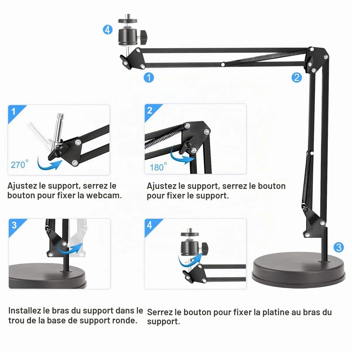 Support de Webcam, Support de Bras de 22 Pouces avec Base, Compatible avec la Webcam C925e C922x C922 C930e C930 C920 C615, Hero 8/7/6/5, Ultra/Pro/Pro 2 / Pro 3/Brio 4K