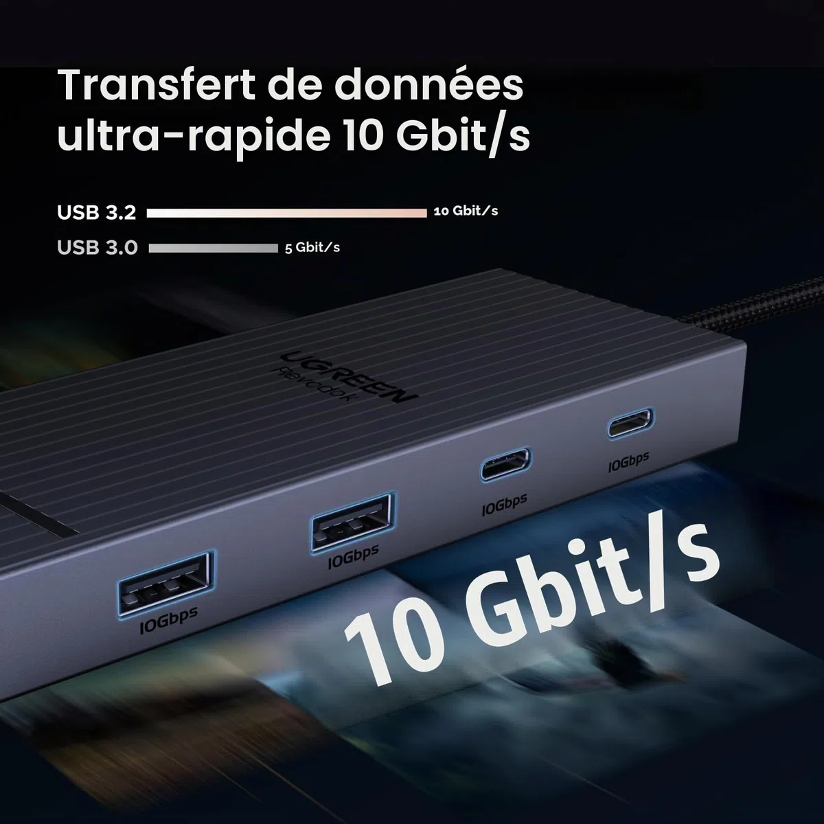 UGREEN Revodok Pro 207 Docking Station Hub USB C Dual HDMI 4K 60Hz PD 100W 7 en 1 Station Accueil Adaptateur Multiports USB 2A2C 10Gbps Extension 2 Écrans pour Windows MacOS