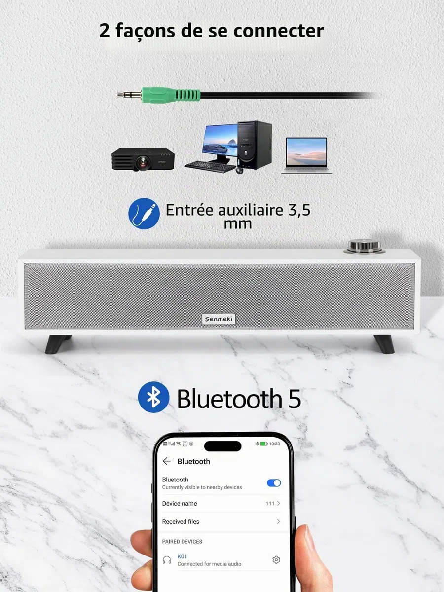 Haut Parleur PC,10W Enceinte PC, Barre de Son PC alimentées par USB, avec Bluetooth 5.0 et entrée RCA, pour Bureau, Ordinateurs Portables, Phonographe（K01）