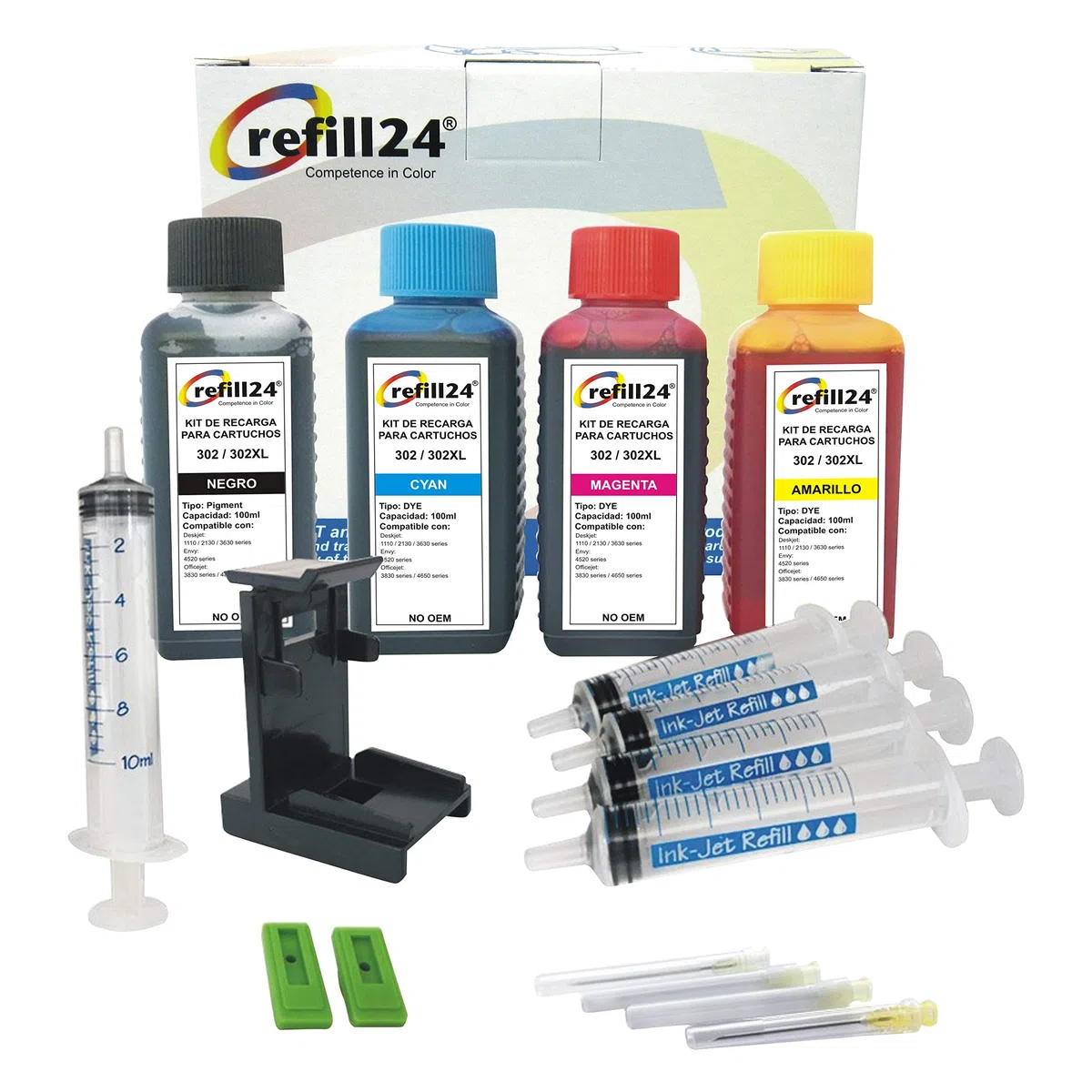 refill24 Kit de recharge d'encre compatible pour cartouches d'encre HP 302 / 302XL Noir et couleur avec manuel, 400 ml Encre, accessoires pour DeskJet, Envy, OfficeJet