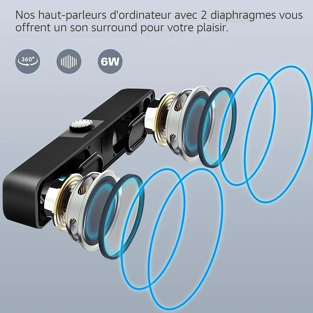 Haut-Parleurs PC, Enceintes d'Ordinateur USB 2.0 2 * 3W 3,5mm Barre de Son PC Filaire Alimenté avec 2 Diaphragmes Portatifs Stéréo 3D, Barre Audio pour Bureau Carnet Laptop, Plug and Play