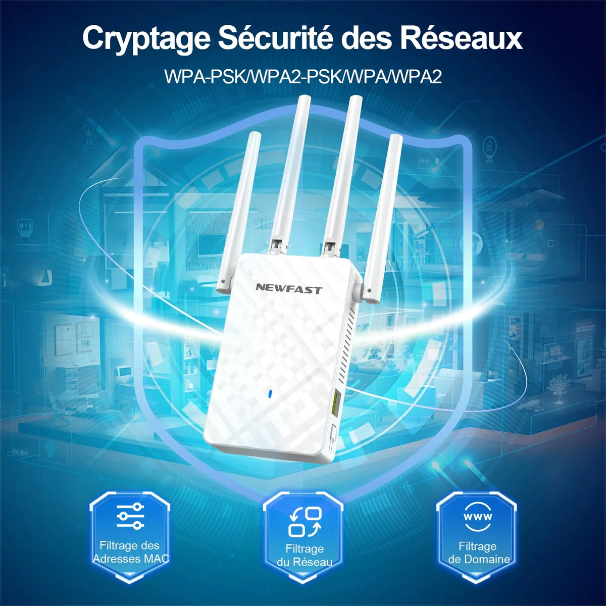 NEWFAST Répéteur WiFi Puissant N300Mbps NF-RE516, 2.4GHz Amplificateur WiFi Puissant avec WPS, Repetiteur WiFi sans Fil Compatible avec Toutes Les Box Internet, 4 Antennes, 3 Mode