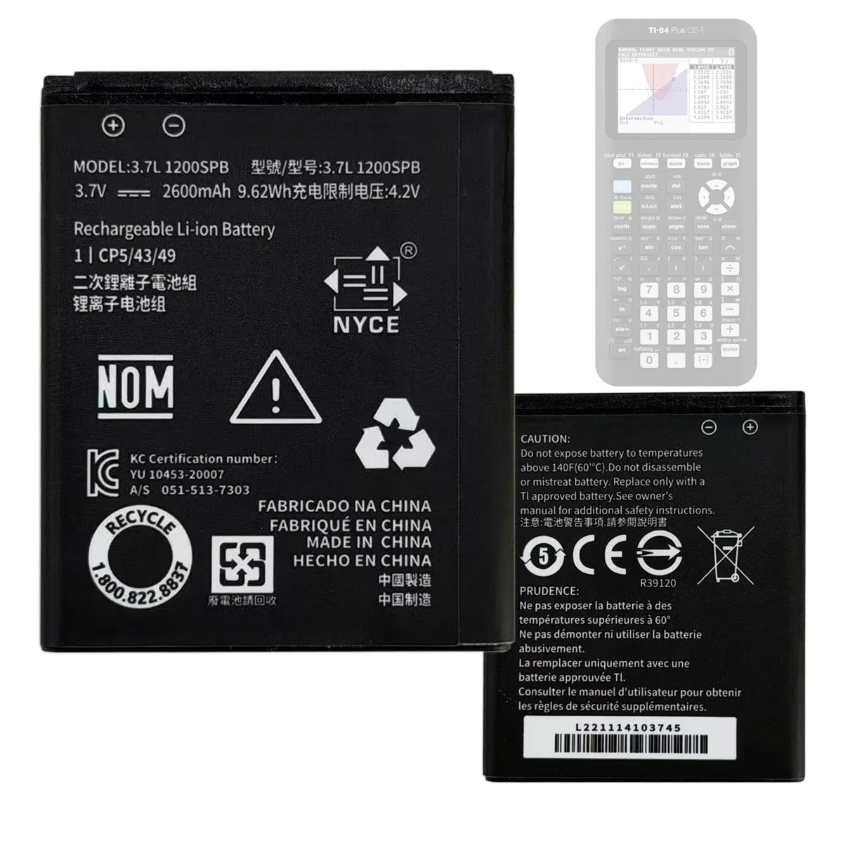 Batterie de rechange haute capacité 2600 mAh 3,7 L1200SPB 3,7L1200SPA compatible avec Texas Instruments TI-84 Plus CE, TI Nspire CX II, TI Nspire CX CAS II, P11P35-11-N01