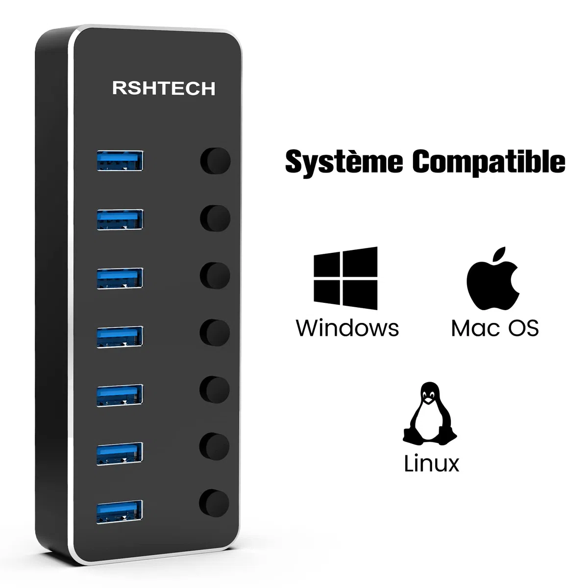 Hub USB Alimenté, RSHTECH Aluminium USB Hub 3.0 à 7 Ports Multiprise USB 3.0 avec 5V/2A Alimentation Externe Multi Port Hub, 5 Gbit/s, Commutateurs Individuels et Indicateur LED-Noir（RSH-518）