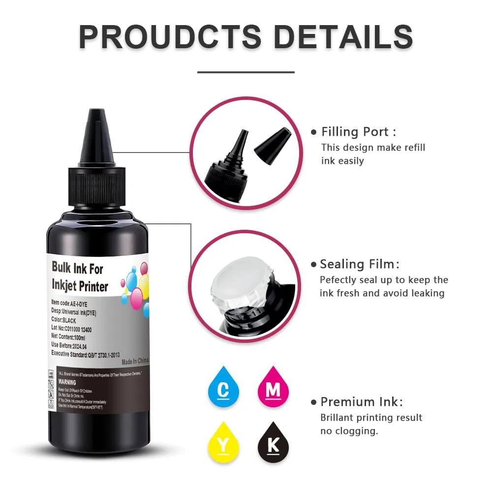 Recharges d'encre universelles UniPlus de gros volume - Pour les imprimantes Epson, HP, Brother, Canon, Lexmark 1BK 1C 1M 1Y