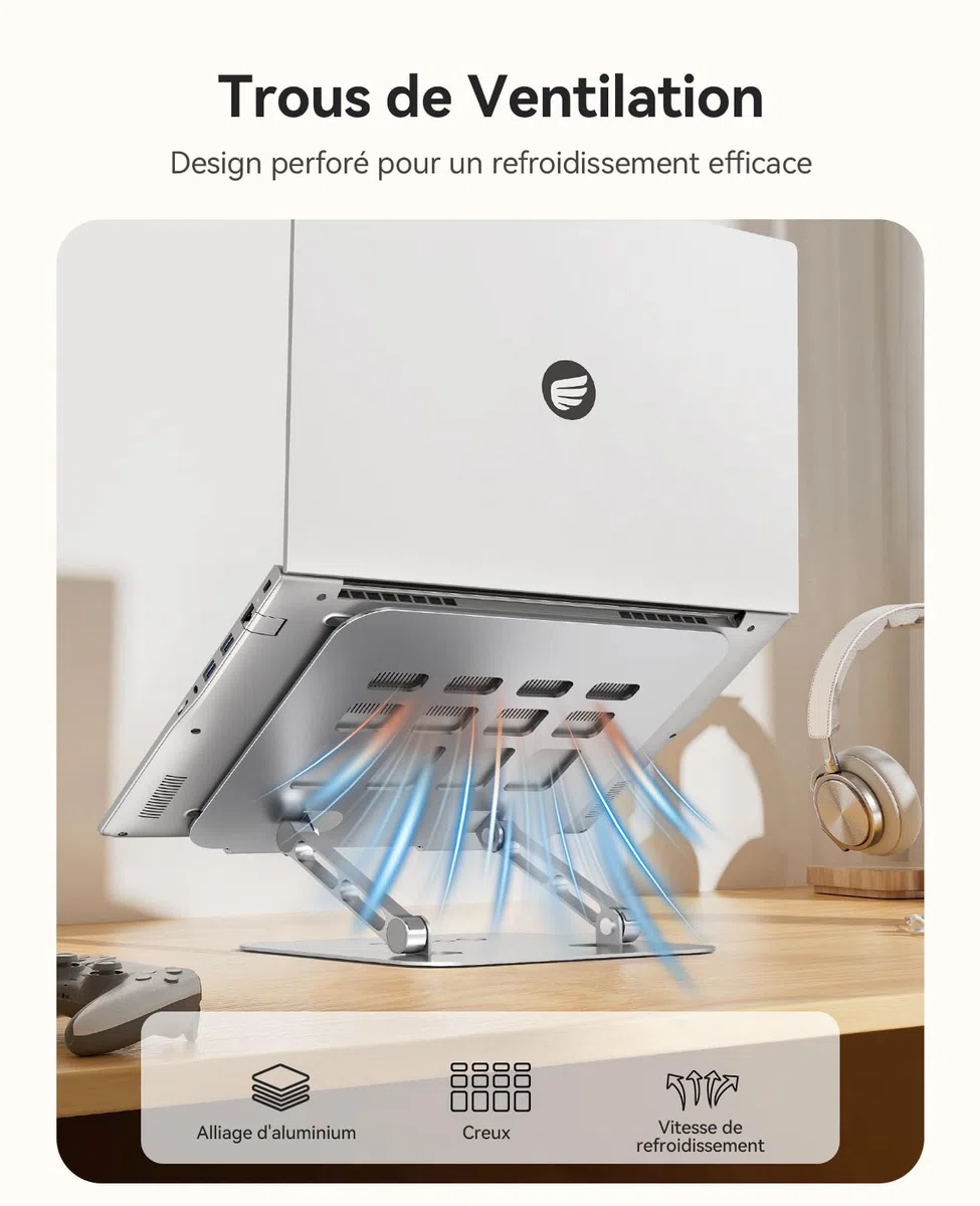 ORICO Support Ordinateur Portable Réglable en Hauteur, Support PC Portable Pliable en Aluminium, Support Ergonomique Ventilé pour Bureau, Compatible MacBook Air/Pro et Laptops 10-17"- ST11, Argent