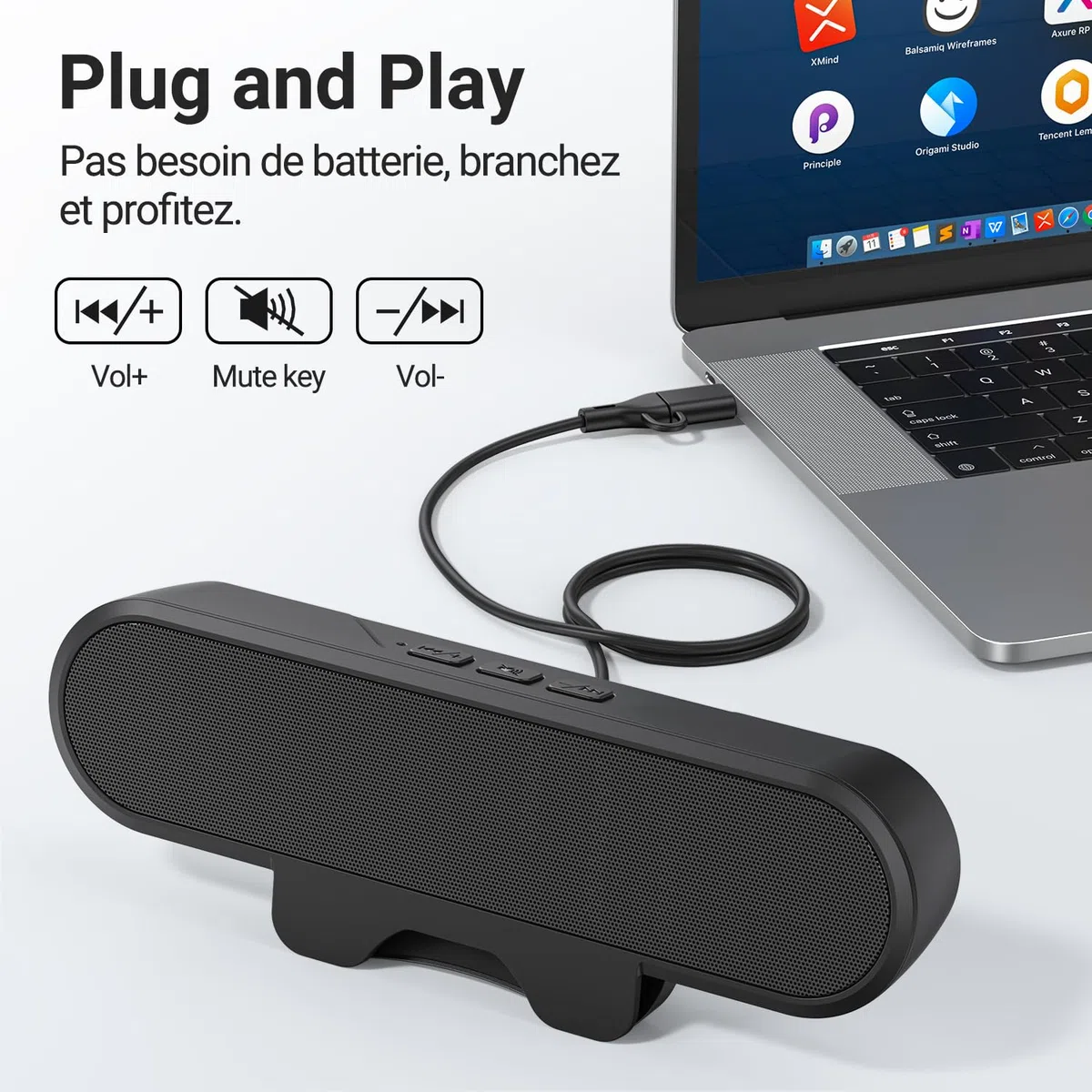 INGA Enceintes USB pour écran d’Ordinateur et Ordinateur Portable, Soundbar de Bureau à Clip, Enceintes PC USB/C, adaptées pour Bureau, Ordinateur Portable et Mac (Noir)