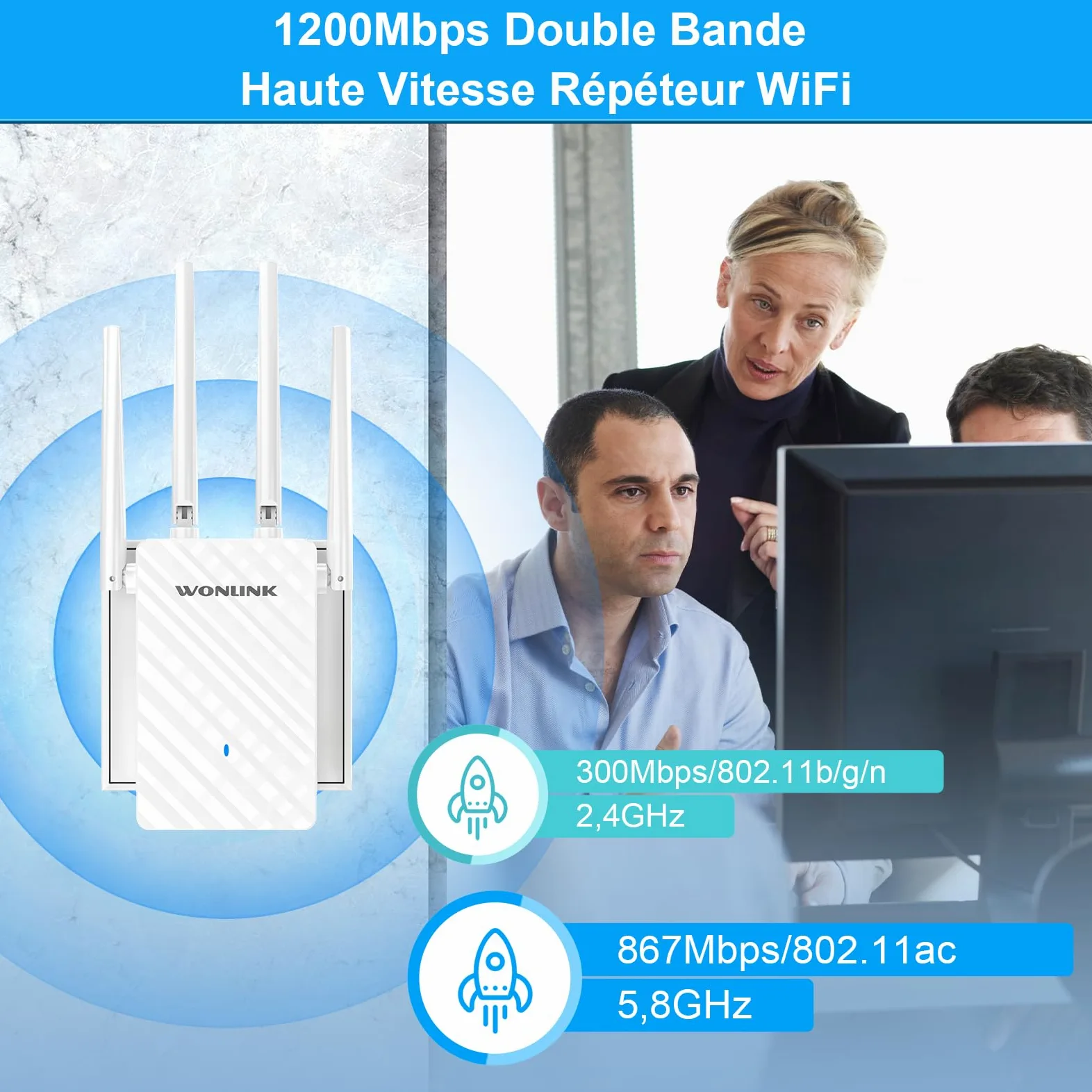 Répéteur WiFi Puissant AC1200 Mbps, Amplificateur WiFi Puissant Double Bande WiFi Extender avec 4 Antennes, Port Ethernet, Couvre jusqu'à 100 m², Compatible avec Toutes Les Box Internet
