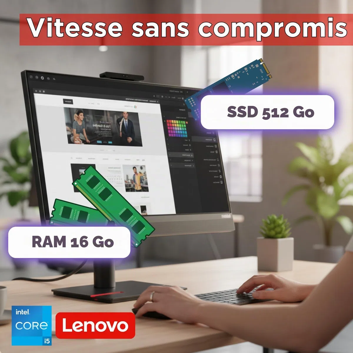 Lenovo Écran tactile tout-en-un 24" i5 8500 jusqu'à 3,50 GHz - 16 Go de RAM - 512 Go SSD - Windows 11 Pro - PC de bureau et professionnel USB-C