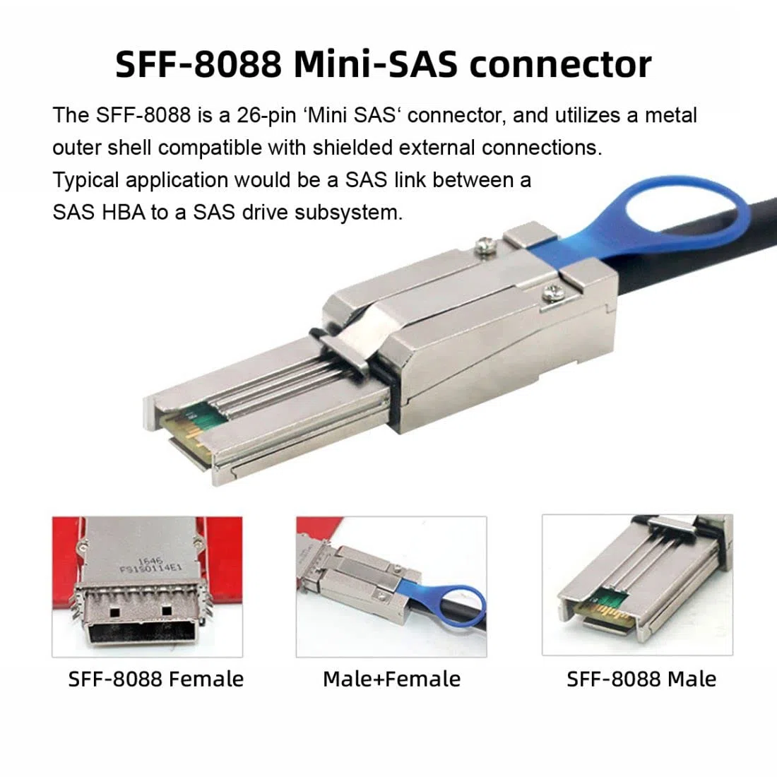 chenyang Câble SFF-8088 vers SFF-8088, câble d'extension externe Mini SAS SFF-8088 26 broches 4 voies pour disque de données RAID multivoies 6 Gbit/s