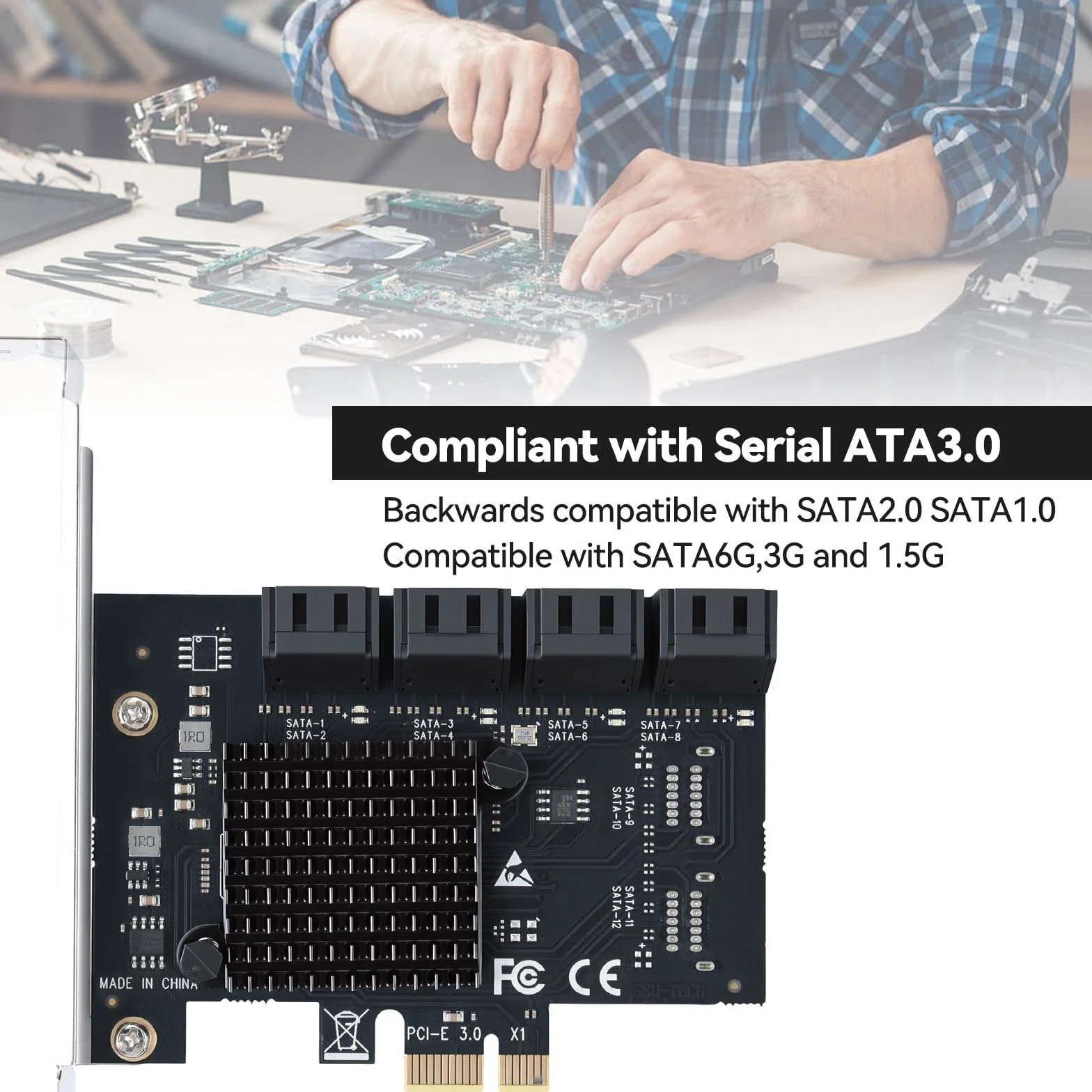 ELUTENG Carte PCIe SATA 8 ports, adaptateur PCIe vers SATA SATA 3.0, carte contrôleur PCI Express X1, carte d'extension pour ordinateur de bureau, prise en charge du disque SSD HDD, démarrage comme