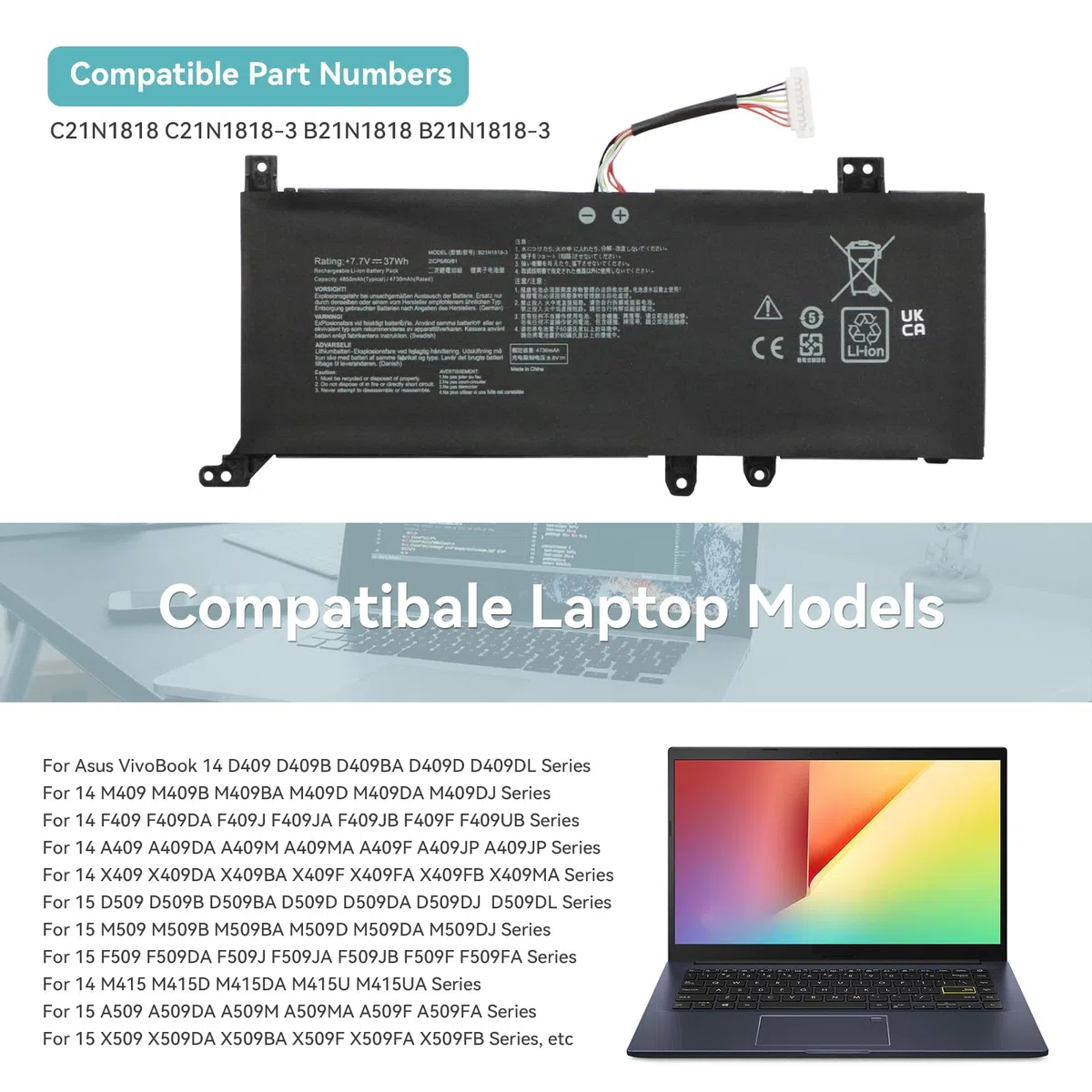 C21N1818 B21N1818-3 Batterie pour ASUS VivoBook A409 D409 F409 M409 X409 A509 D509 F509 M509 X509 D409BA D409DA M409BA M409DA F409FA A409MA A409FA A409FJ A409JA A409JB A409JP X409DA X409BA X409FA