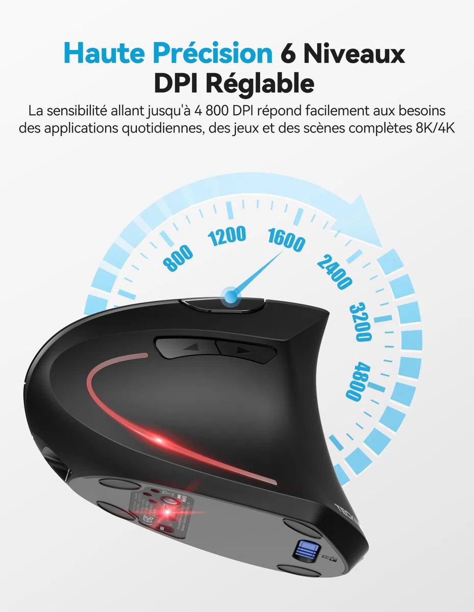 TECKNET Souris Ergonomique sans Fil Rechargeable, Souris Verticale Bluetooth 3 Modes (BT5.0/3.0+2.4G) 4800 DPI Réglable, 6 Boutons, Souris Silencieuse pour Ordinateurs, Portables, Mac, PC, Windows