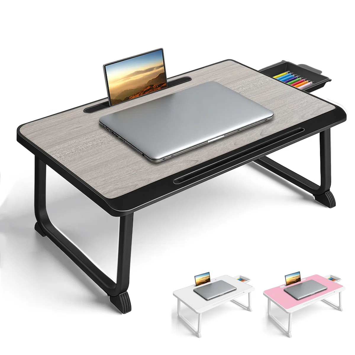 Planche de lit, Table de lit avec tiroir, pour Ordinateur, Lecture, Écriture, Repas et Regarder des Films sur Le Lit, Canapé ou au Sol, Bureau et Maison (Grey)