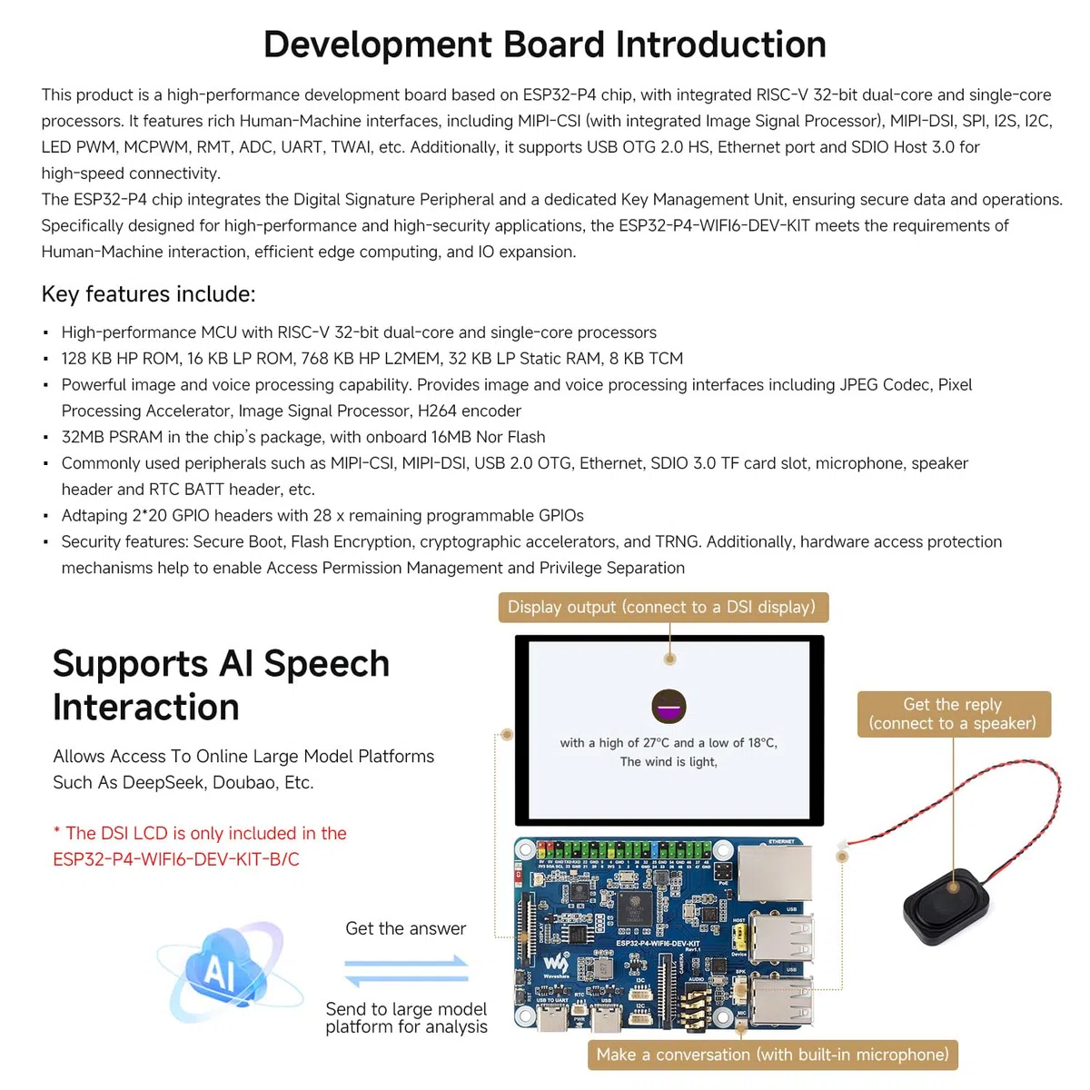 Waveshare ESP32-P4-WIFI6-DEV-KIT High-Performance Development Board, Based on ESP32-P4 & ESP32-C6, Supports Wi-FI 6, BT 5 & BLE 5, Bundle with Board and Speaker