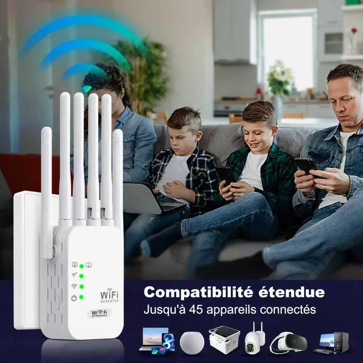 Repeteur WiFi Puissant, Amplificateur Répéteur WiFi 6 Dual Band,repeteur WiFi Puissant avec 6 Antennes Puissantes, 2 Ports LAN,repetiteur WiFi Puissant sans Fil-