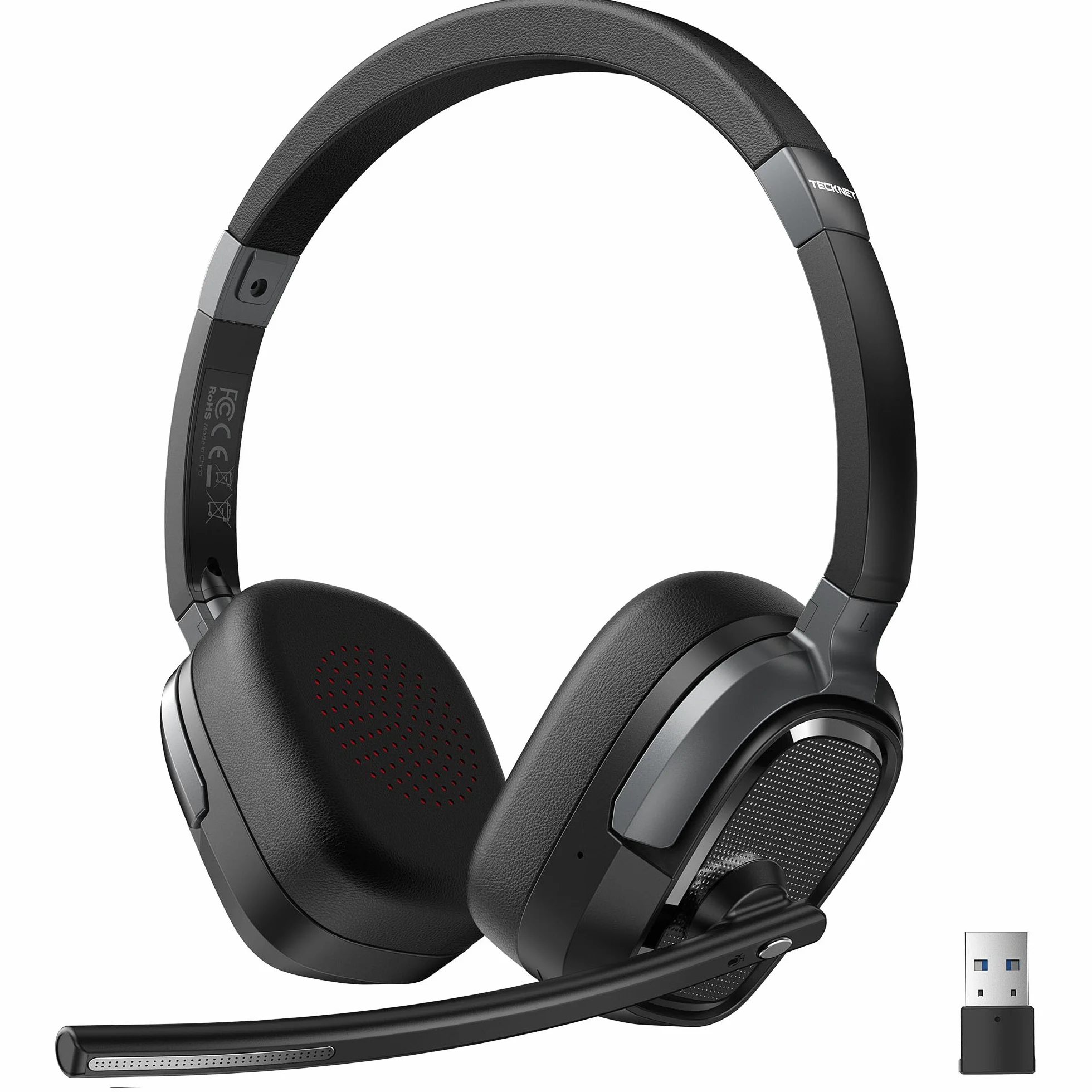 TECKNET Casque Bluetooth sans Fil avec Micro - Casque Anti-Bruit Bluetooth et Casque sans Fil PC avec Adaptateur USB-A Inclus, 50h d'Autonomie, pour PC, Téléphones, Télétravail et Visioconférence