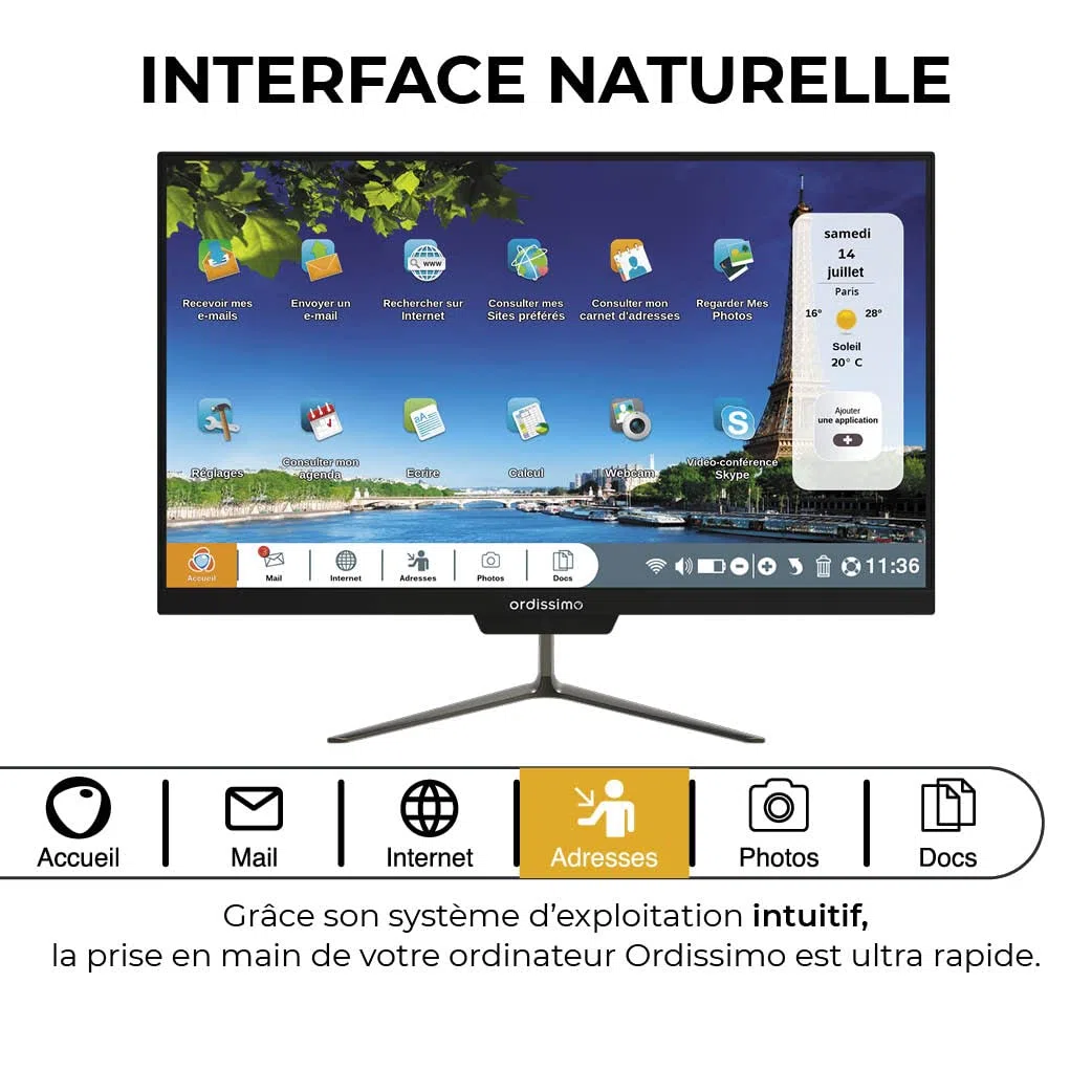 ORDISSIMO - Ordinateur de Bureau Tout-En-Un Clara 2 Idéal Senior - Ordi Fixe Facile à Utiliser - Grand Écran Plat - Interface Intuitive, Clavier Simplifié, Souris Sans Fil, Antivirus, Ports USB - Noir