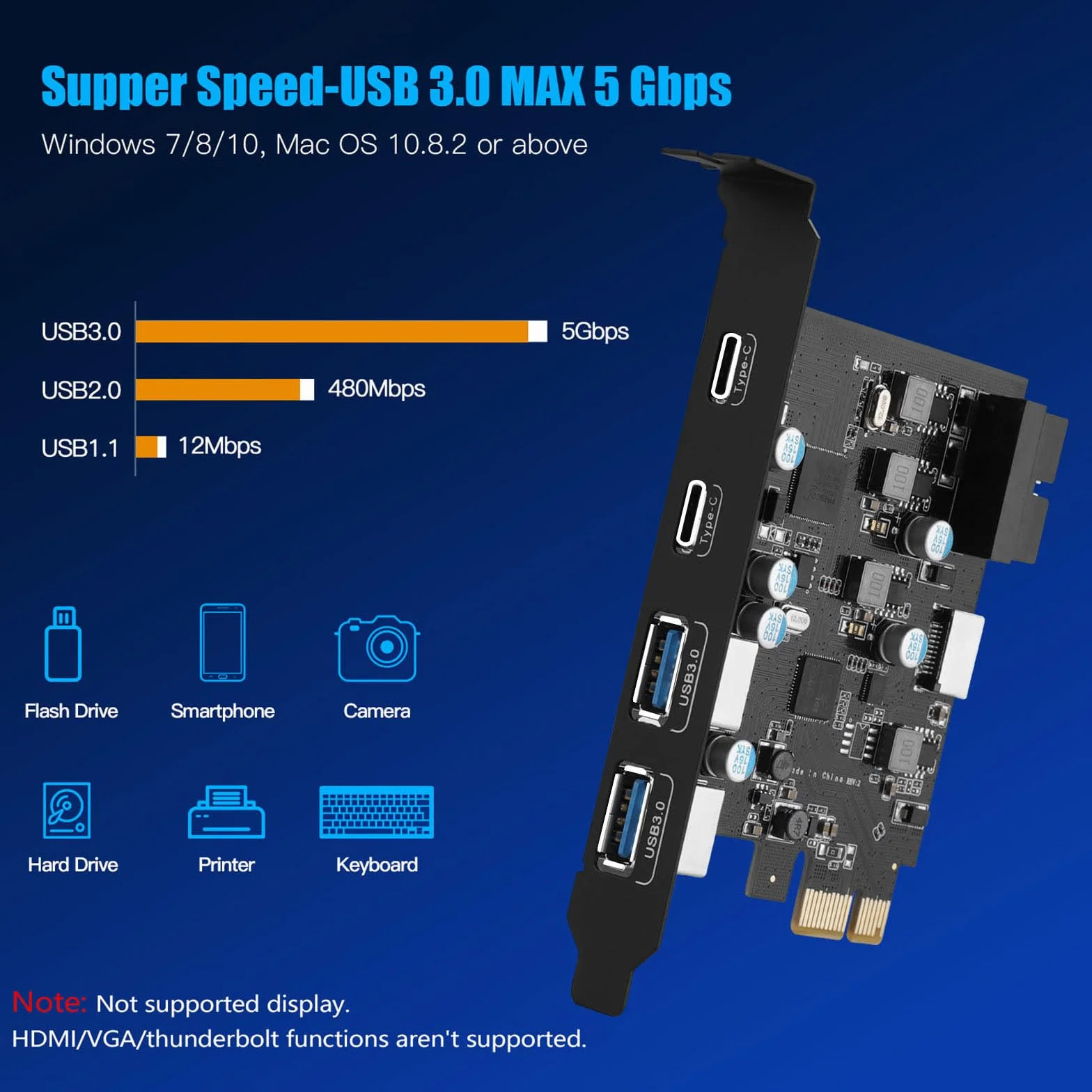 Carte d'extension PCIe avec 6 Ports USB 3.0, 2 Ports Type-A, 2 Ports USB-C, Connecteur 19-Pin et Type-E pour Windows 11/10