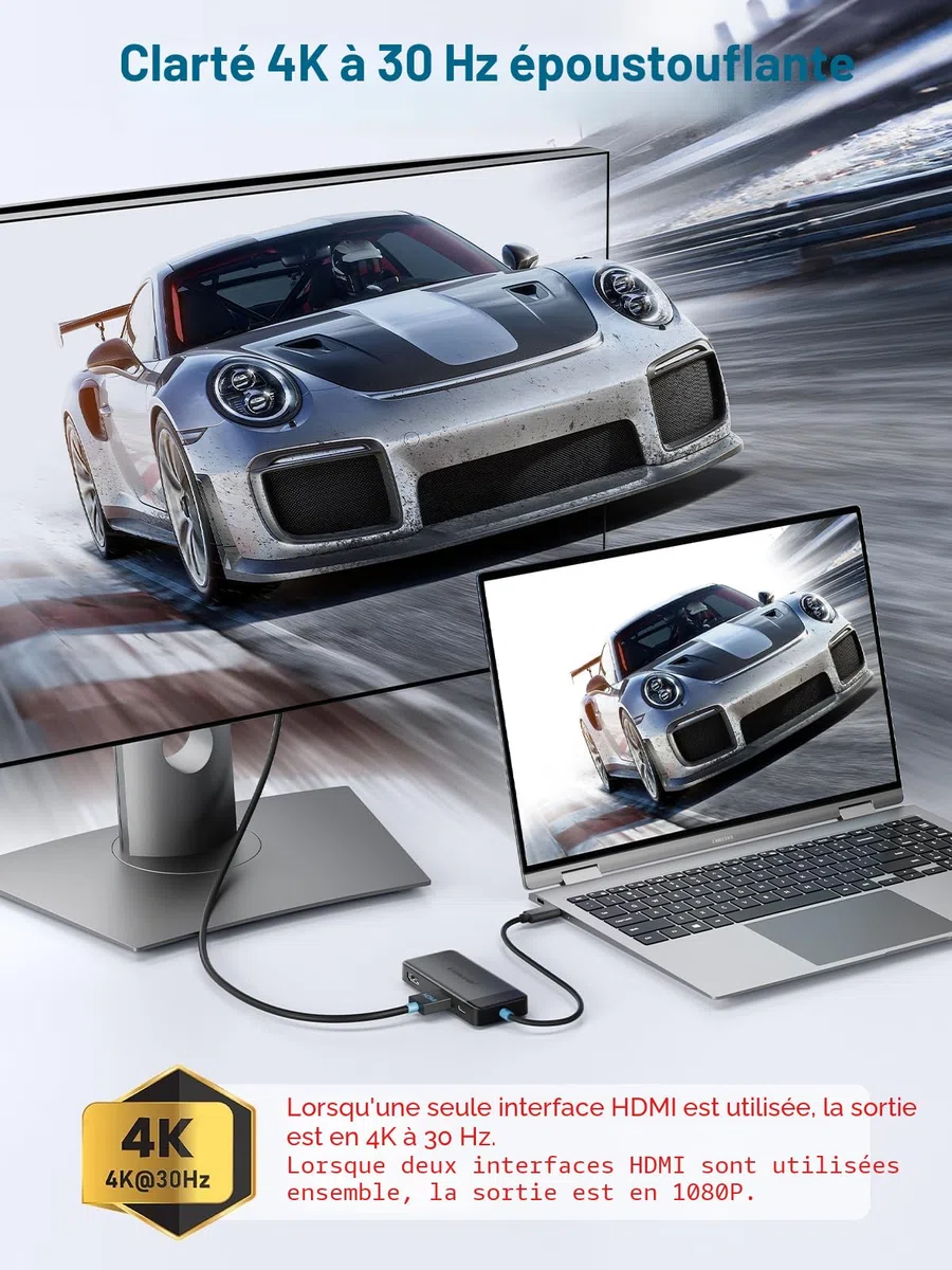 Lemorele 6 in 1 USB C Hub, Dual HDMI 4K, PD 100W, USB 3.0, 2*USB 2.0, Docking Station for MacBook, Dell, Surface, Steam Deck, Switch