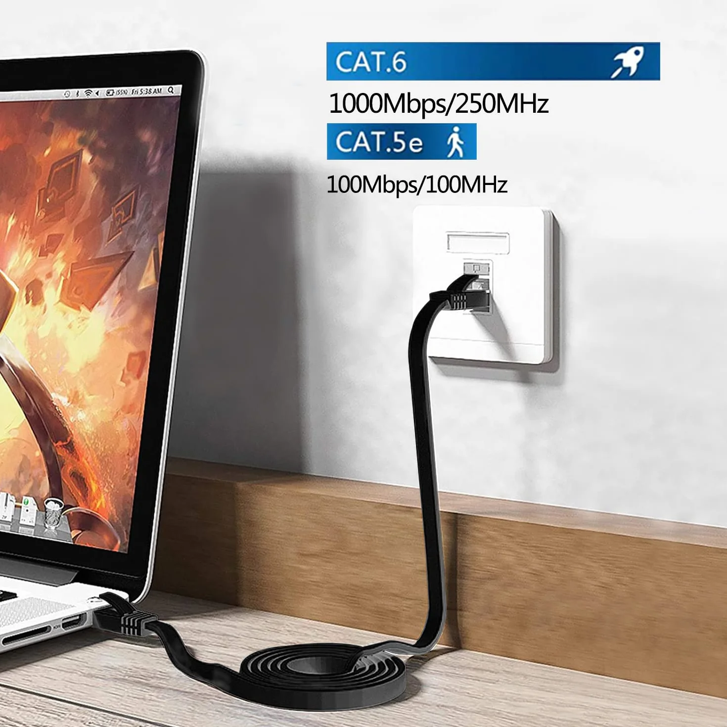 Soibke Cable Ethernet 40m, RJ45 Cat 6 Câble Réseau LAN Haut Débit Fibre Plat 1000Mbit/s Extérieur Intérieur, Fil Ethernet Noir Câble Internet Gigabit Cable Wifi 40m pour Routeur Modem