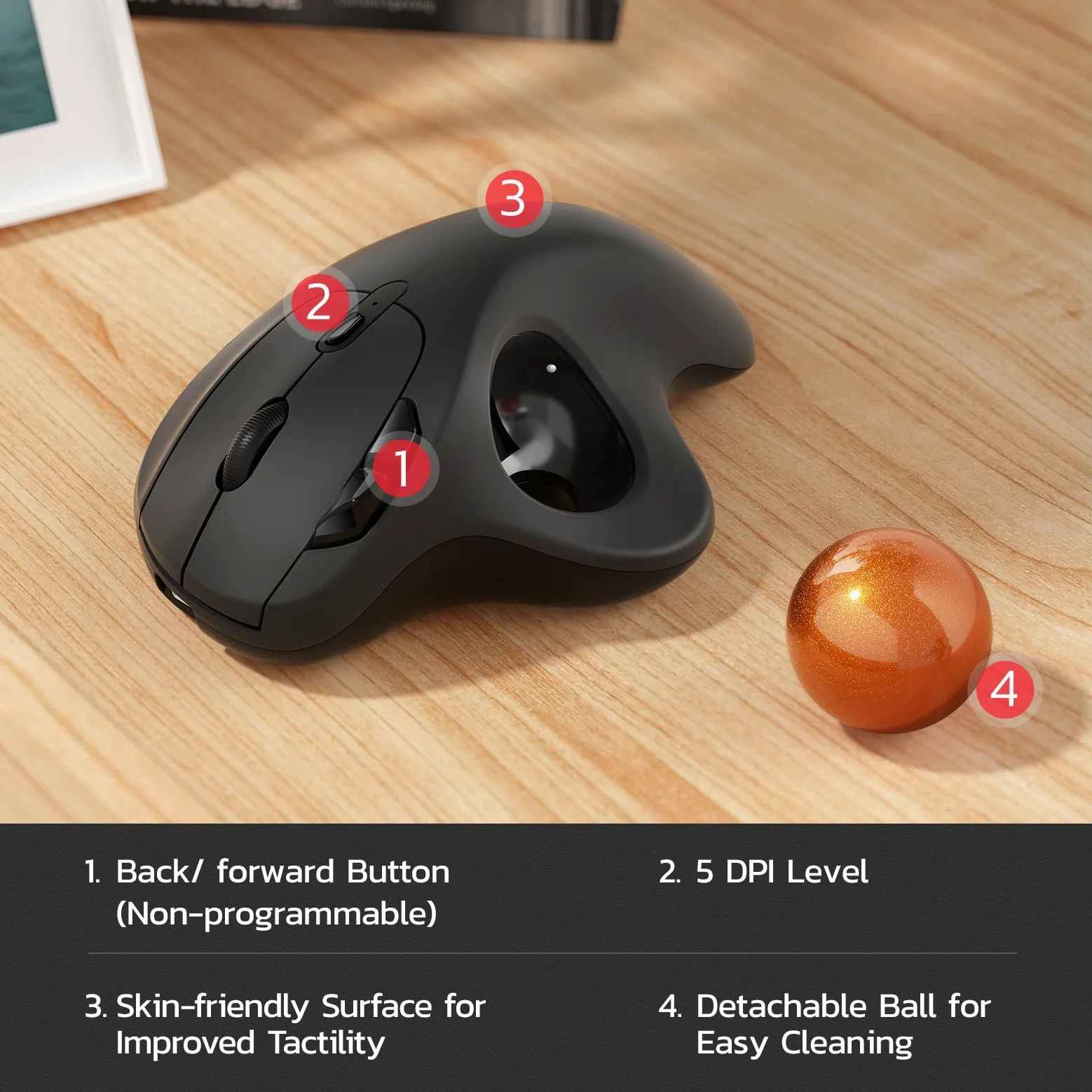 Nulea Trackball ergonomique rechargeable M501 – Contrôle par le pouce, suivi fluide, 3 appareils (Bluetooth/USB), compatible avec PC, ordinateur portable, Mac, Windows (orange pâle)