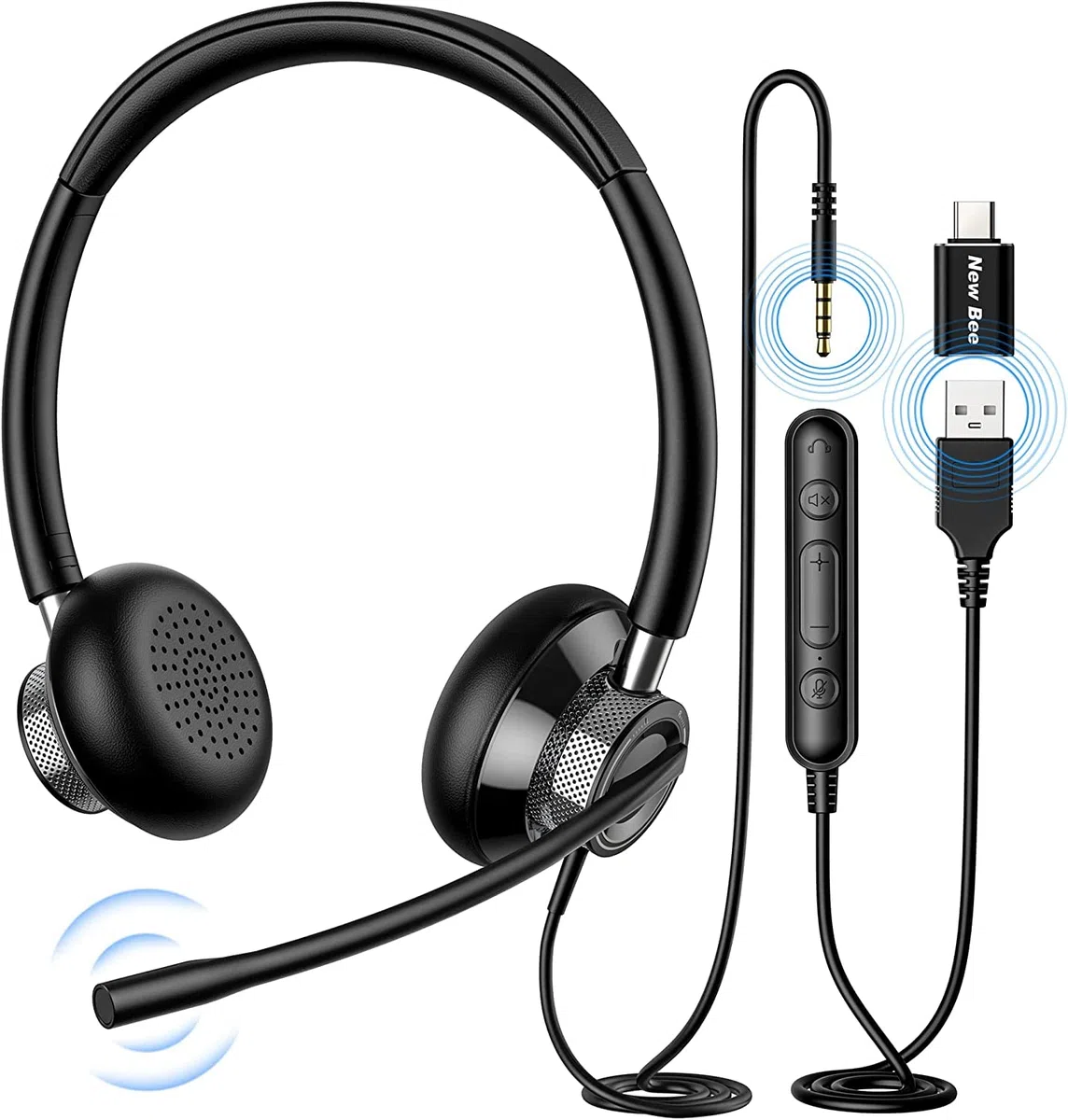 New Bee Casque PC avec Micro, Casque Audio Filaire, Casque USB/Type-C/3,5 mm Stéréo écouteur d'écoute Oreillette Professionnelle pour Webinaire Skype Chat Cours en Ligne et Musique(1 pièce)