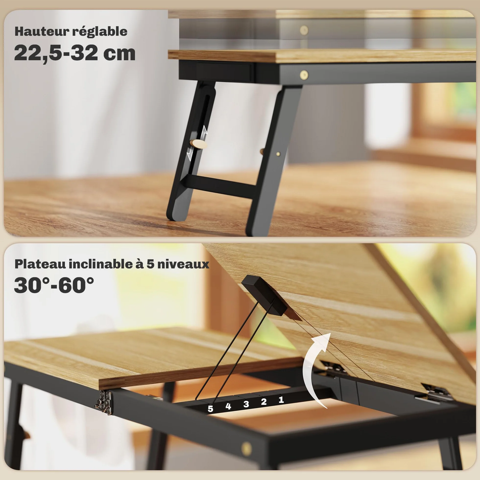 HOMCOM Table de lit Pliable et réglable, Plateau pour Ordinateur Portable avec Plateau inclinable, tiroir, Bureau de lit en Bambou, 83,5l x 33P x 23,5-34H cm, chêne