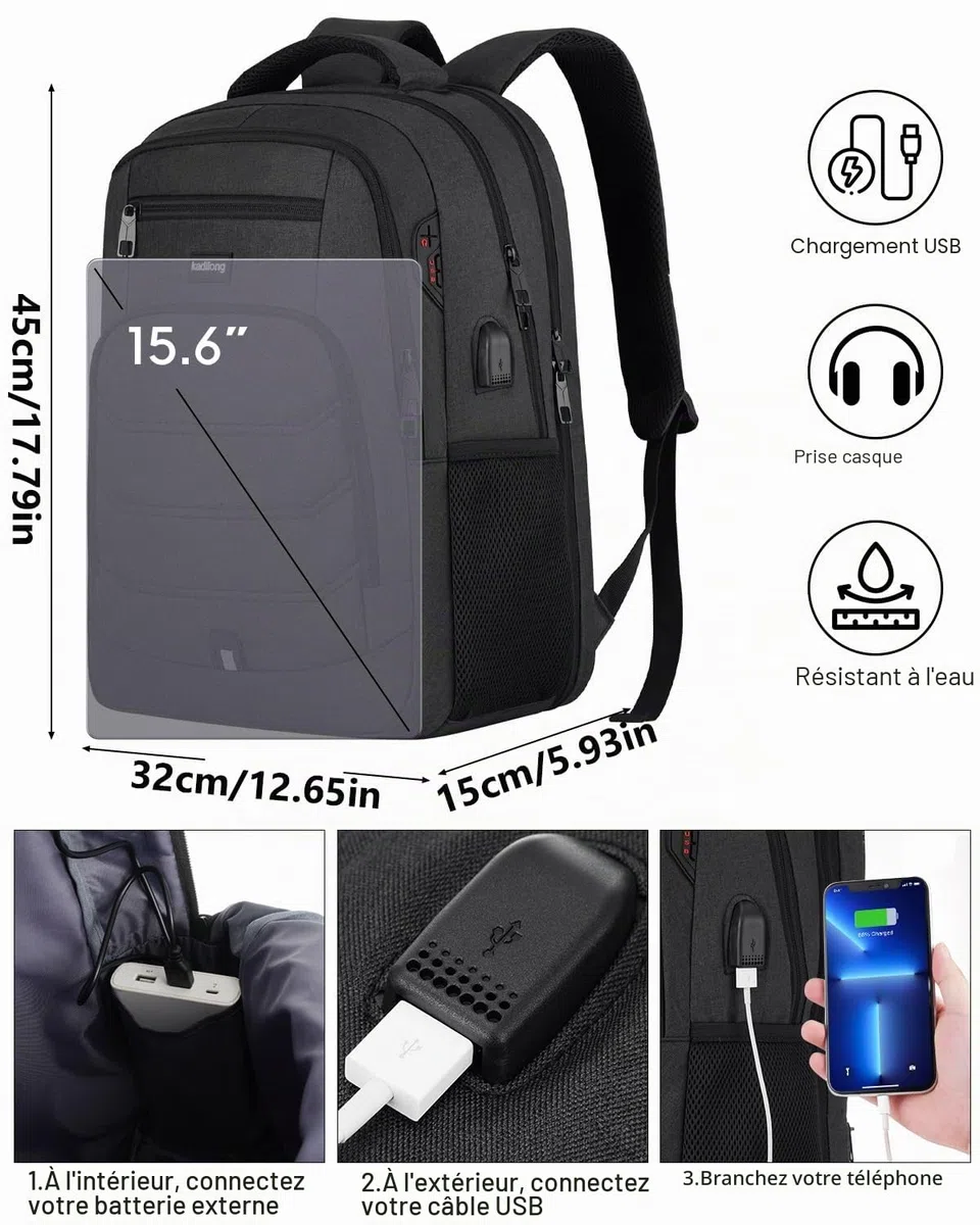 Sac à Dos Ordinateur Portable 15.6 Pouces Femme Homme Fonctionnel,Sac École Garçon PC Portable avec USB Charging Port Imperméable Antivol pour Collège Affaire Scolaire Lycée Business Travail,Noir