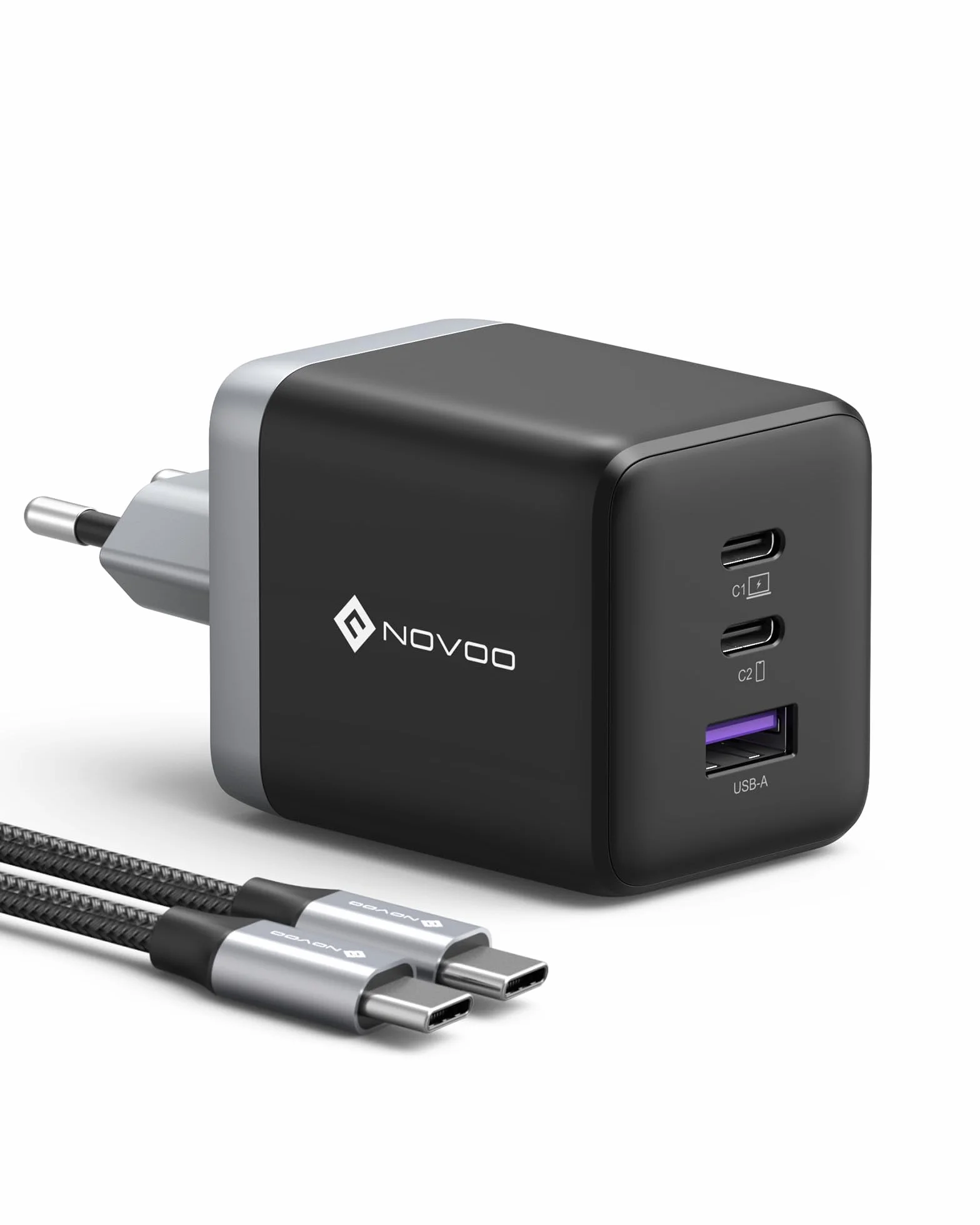 NOVOO 100W Chargeur USB-C Rapide，Prise USB C à 3 Ports, Adaptateur Compatible avec iPhone 16 Plus Pro Max, Galaxy PPS 45 W, S24 Ultra, S23, S22, Pixel, iPad, MacBook Air, Noir