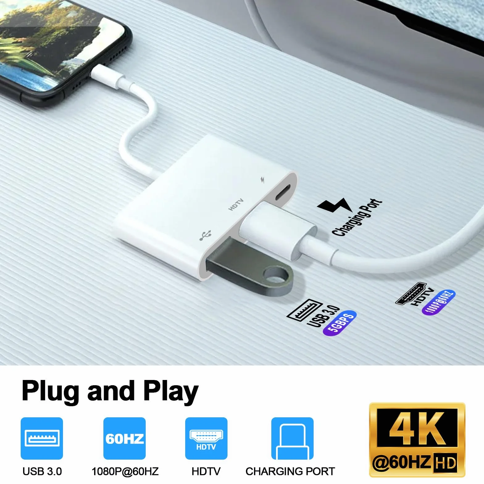 [Certifié Apple MFi ] Hub Adaptateur AV numérique Light-ning pour iPhone iPad, hub d'éclairage 3 en 1 avec Sortie HDMI, Port USB OTG et Port de Charge, Prend en Charge la vidéo, Les Applications, Les