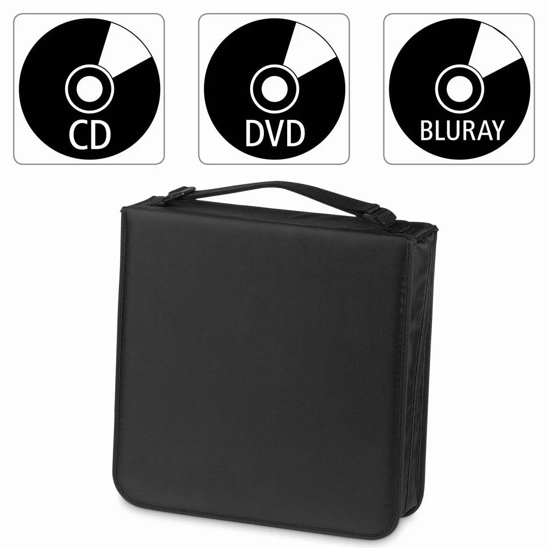 Hama Pochette Range CD pour 208 CD/DVD/Blu-Ray, Sacoche de Rangement Haute Capacité, Classeur Gain de Place Zippé avec Poignet, Etui de Transport, CD Wallet, Noir
