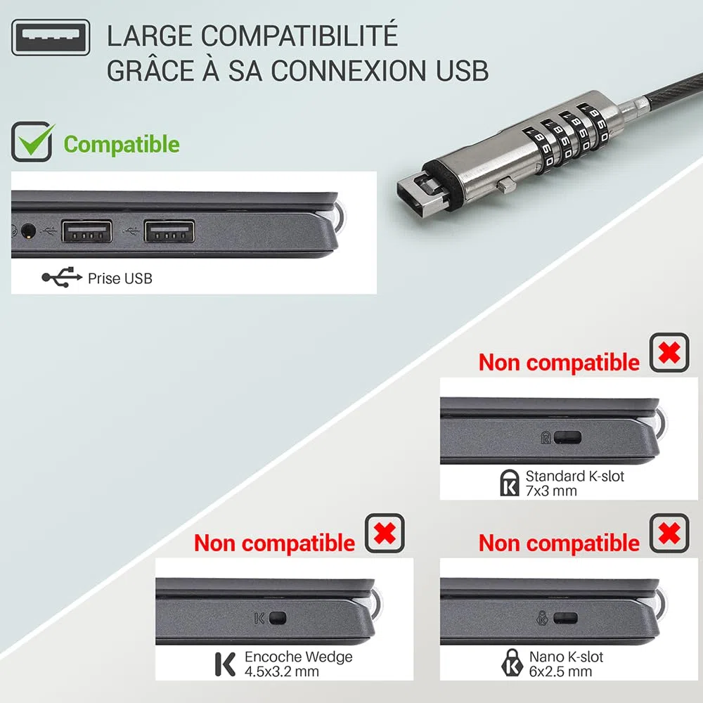 Waytex Câble Antivol PC à Code pour Prise USB, Câble de Sécurité Verrouillable pour Ordinateur Portable, PC, Mac sans Slot de sécurité - Longueur 1,90m