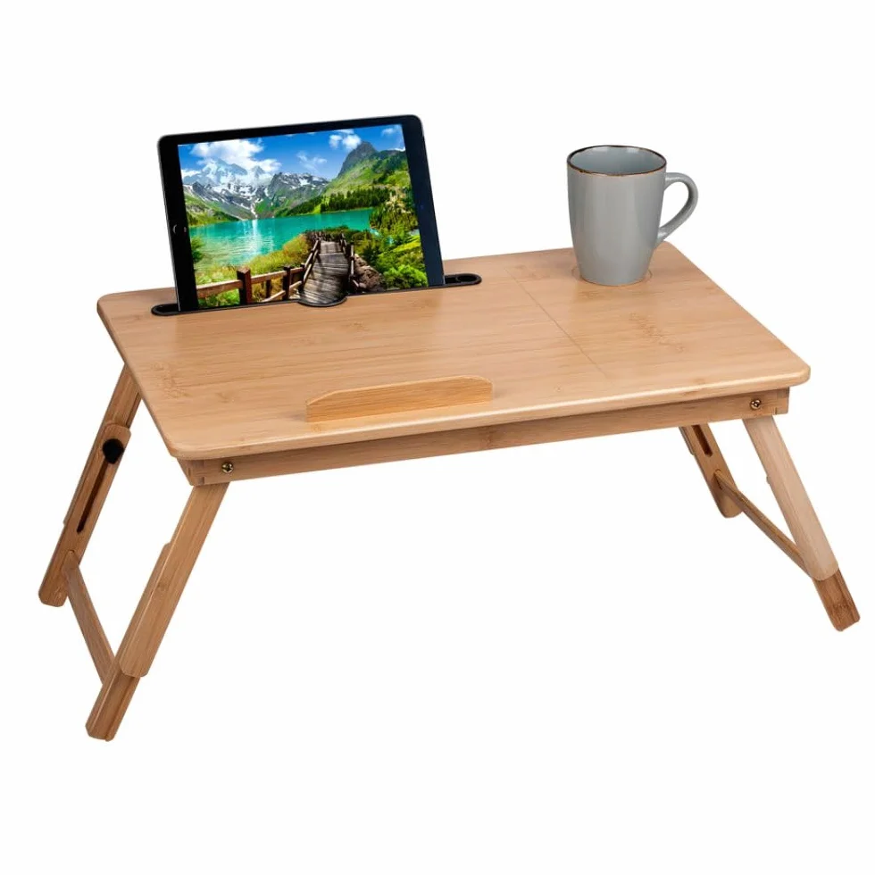 Table d'ordinateur Portable réglable - 21,5 x 27,5 cm - avec Porte-gobelet et Emplacement pour Tablette - Bambou