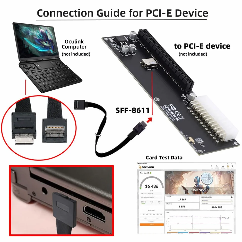 Xiwai Câble Actif OcuLink PCIe 4.0 PCI-Express SFF-8611 4i Mâle vers SFF-8611 pour SSD eGPU Externe, 80 cm