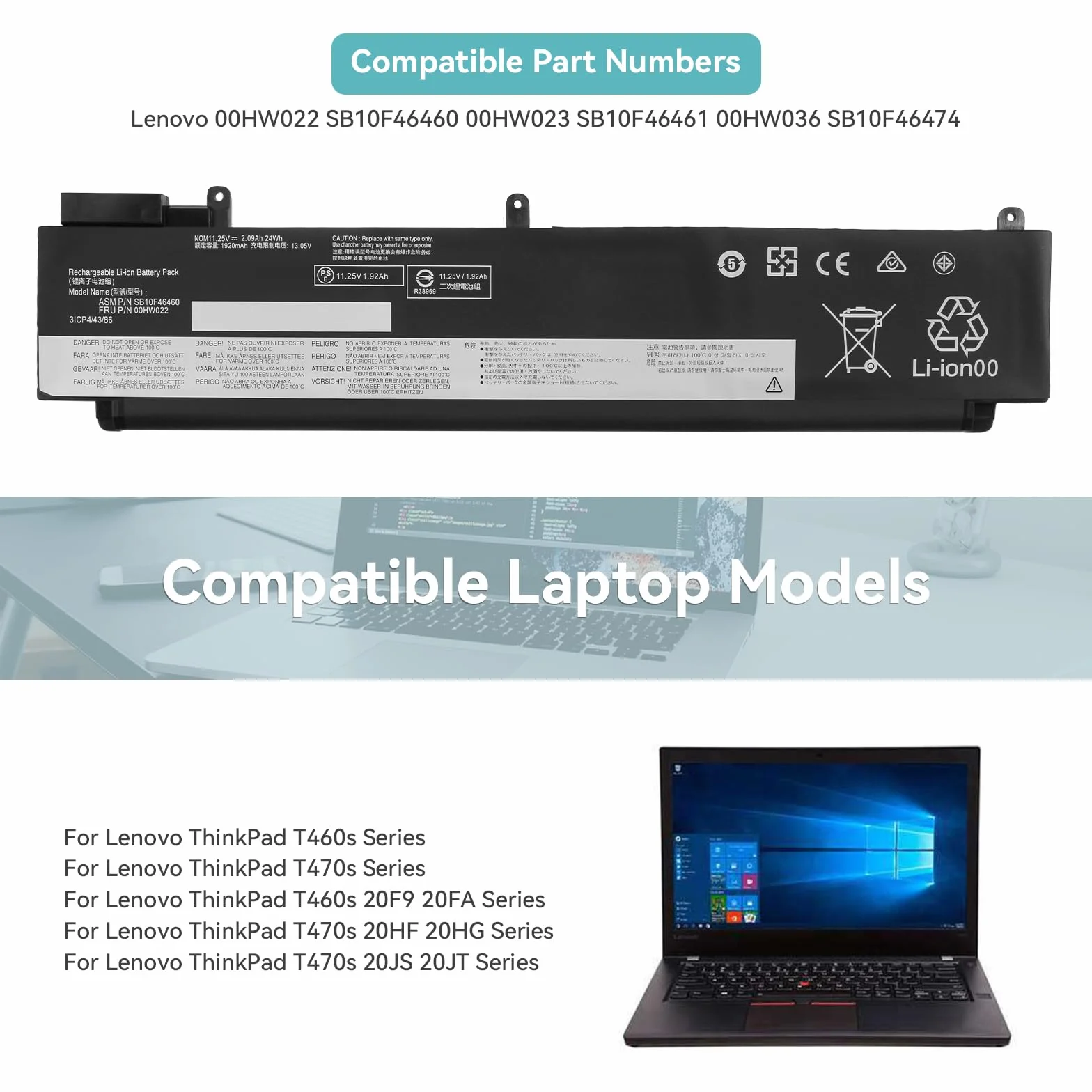 K KYUER 24Wh 00HW022 00HW023 Batterie pour Lenovo ThinkPad T460S T470S 20FA 20F9 20HF 20HG 20JT 20F9003SGE 20FA003GGE 20F90042GE 20FA0046PB 20HGS00V00 20HF004UGE 00HW036 SB10F46460 SB10F46461 Battery