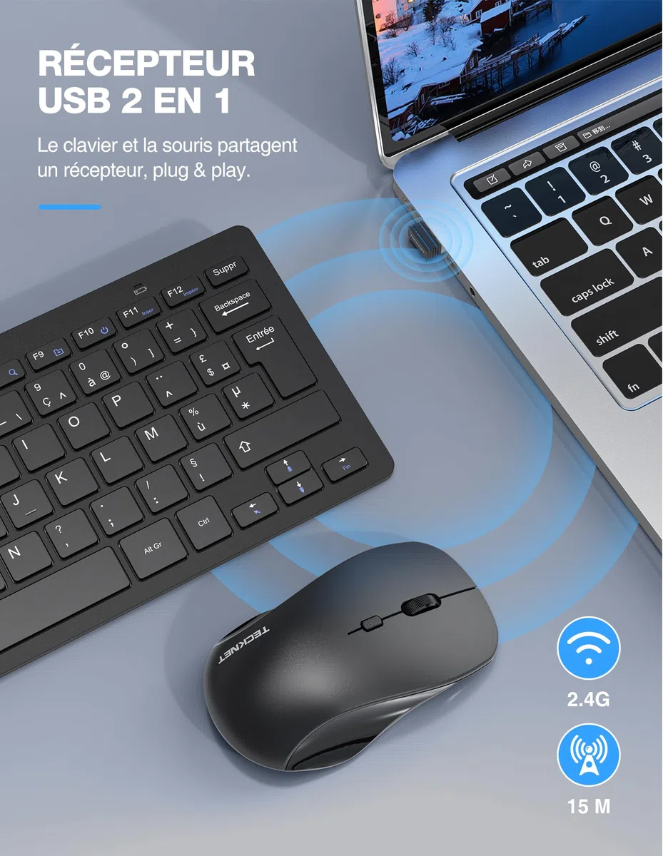 TECKNET Clavier et Souris sans Fil, 2,4 G Silencieux avec Récepteur Nano USB, France AZERTY, 12 Raccourcis Multimédia pour Ordinateur, PC, Ordinateur Portable, Ordinateur de Bureau