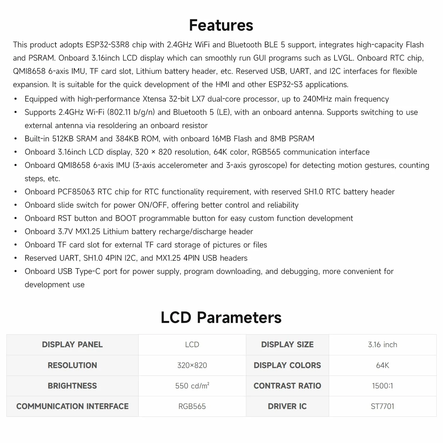 Waveshare ESP32-S3 3.16inch Display Development Board, 320x820 Pixels, 262K Color, 32-bit LX7 Dual-Core Processor, Up to 240MHz Frequency, WiFi & BT 5, Accelerometer and Gyroscope Sensor
