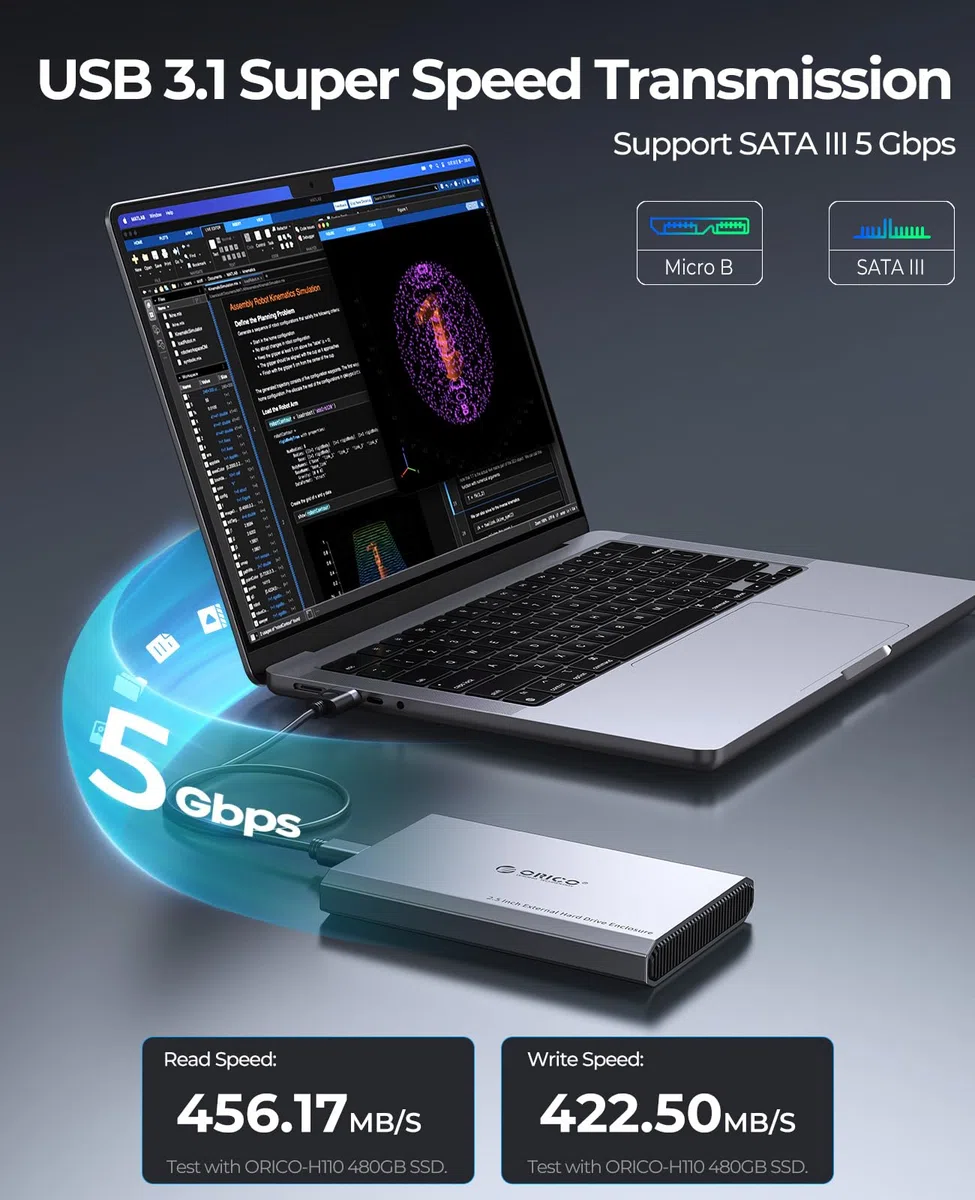 ORICO Aluminium Festplattengehäuse 2,5 Zoll USB 3.0, 5 Gbit/s Externes HDD Gehäuse für 2,5" SATA HDD SSD Maximal 6 TB mit USB Kabel, Unterstützt UASP (DD25U3)