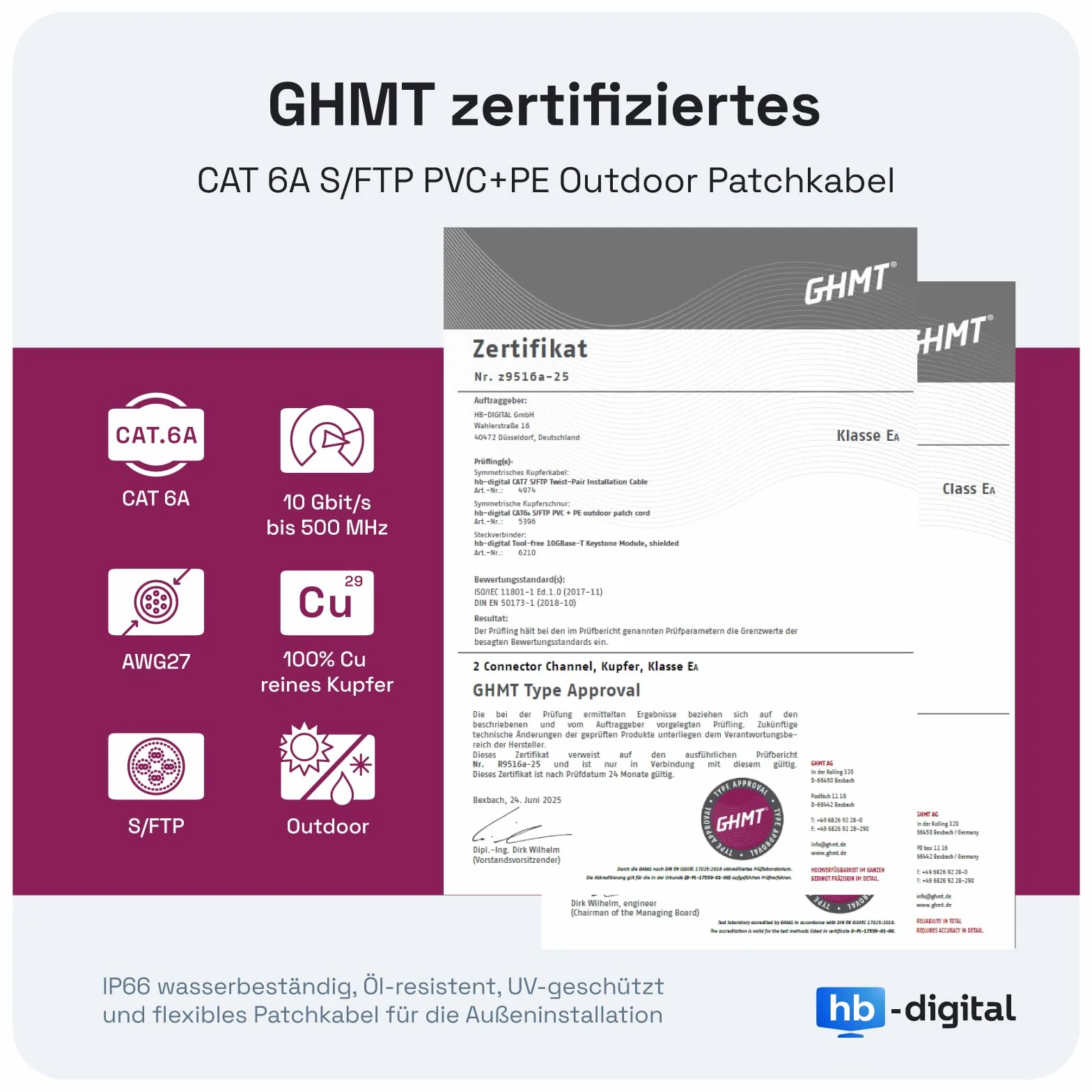 HB-DIGITAL 25m Cable Ethernet CAT6a Câble Réseau Extérieur Intérieur Connecteur RJ45 -Certifié GHMT- S/FTP PIMF 10Gbit/s AWG26 IP66 Résistant à la poussière/à l'eau/à l'huile/protégé contre UV -Noir