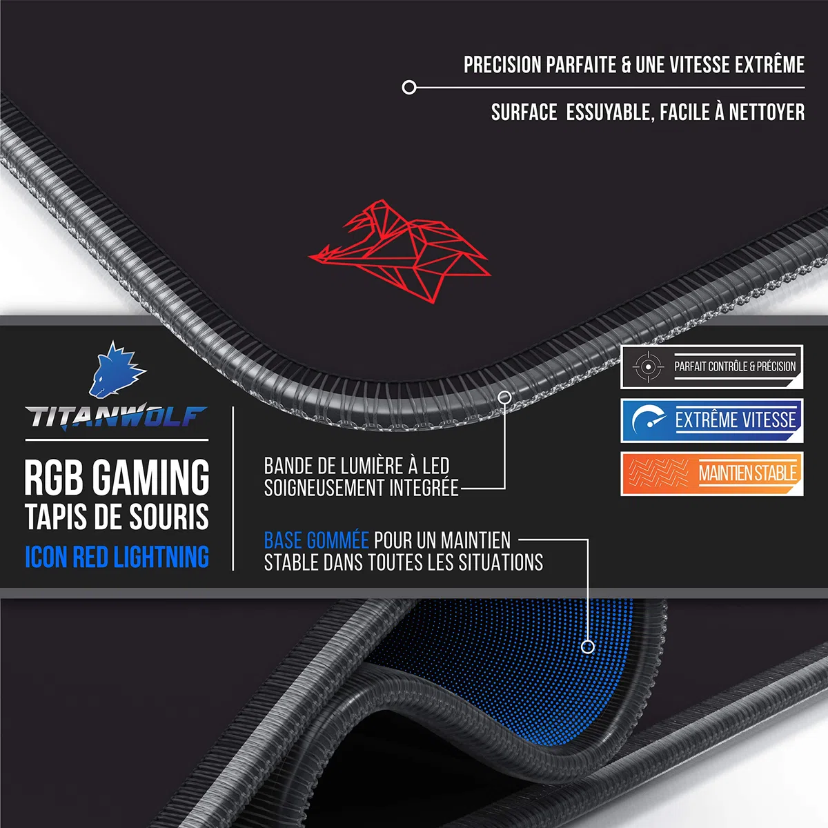TITANWOLF - RGB Tapis de Souris Gaming XXL - LED Lumineuse Tapis de Souris Multicolore 11 Modes - 800 x 300mm - Surface antidérapante pour Les Joueurs de l’Ordinateur PC et du Mac - Noir