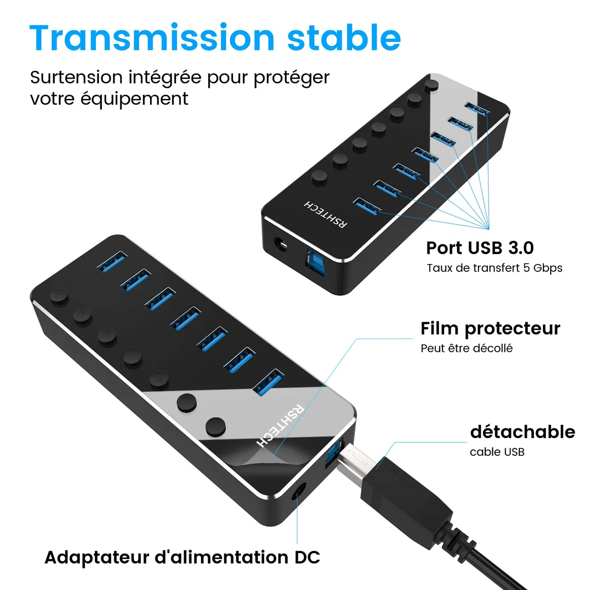 Hub USB Alimenté, RSHTECH Aluminium USB Hub 3.0 à 7 Ports Multiprise USB 3.0 avec 5V/2A Alimentation Externe Multi Port Hub, 5 Gbit/s, Commutateurs Individuels et Indicateur LED-Noir（RSH-518）