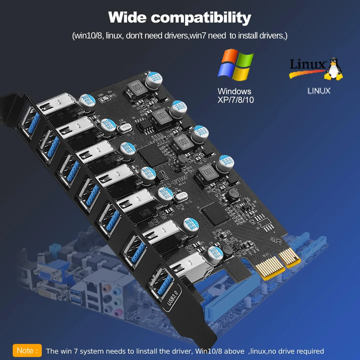 Carte PCI Express USB 3.0 5Gbps 7 Ports, FARBOKO Carte d'extension PCIe USB Interne für Desktop PC Windows