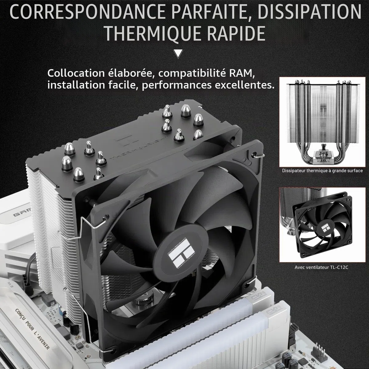 Thermalright Refroidisseur d'air pour processeur 6 caloducs TL-C12C PWM Quiet Fan 1550 tr/min AM4/AM5, Intel LGA1851/1700/1150/1151/1200